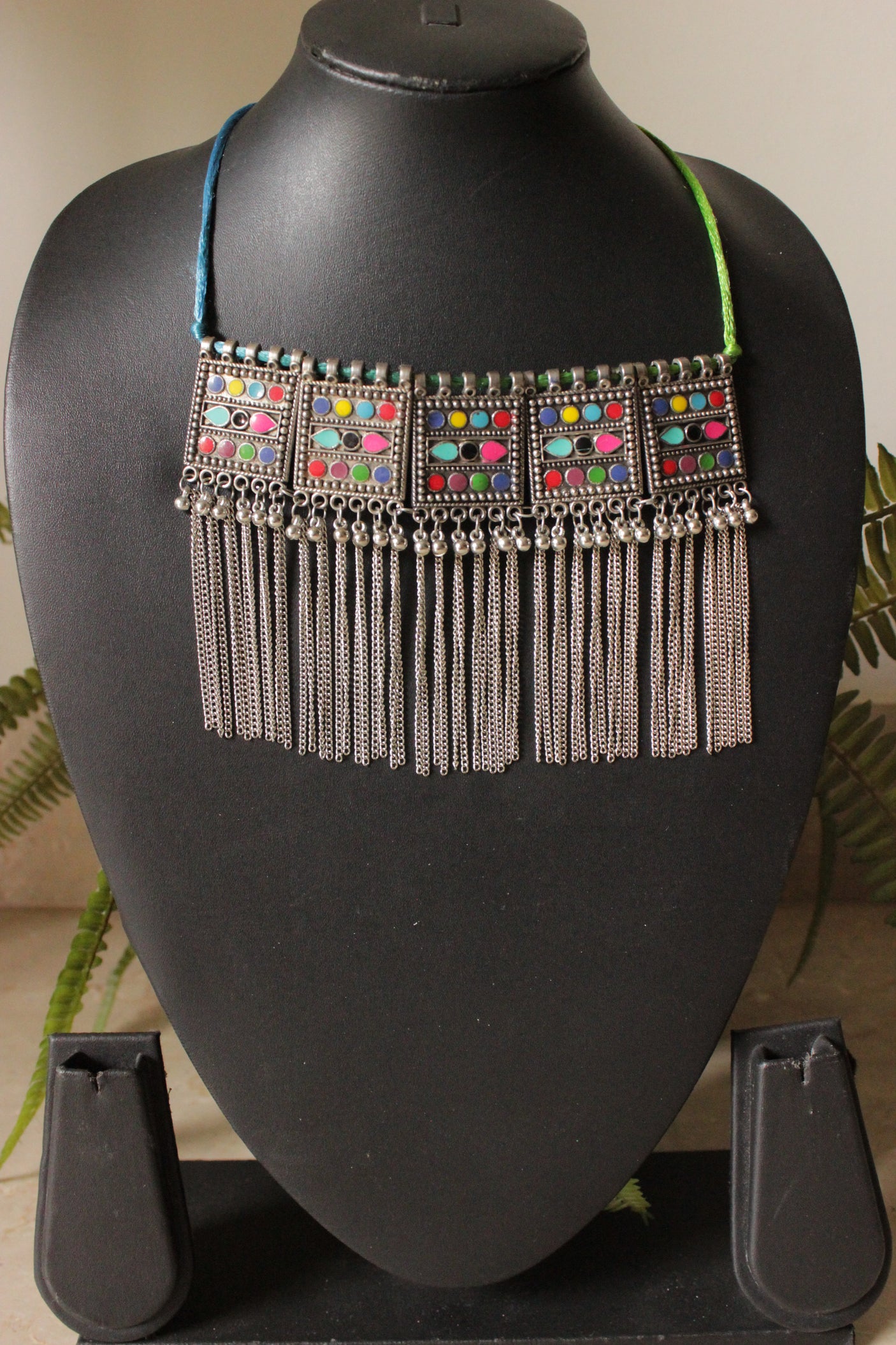 Multi-Color Enamel Painted Oxidised Finish Metal Choker with Chain Strings