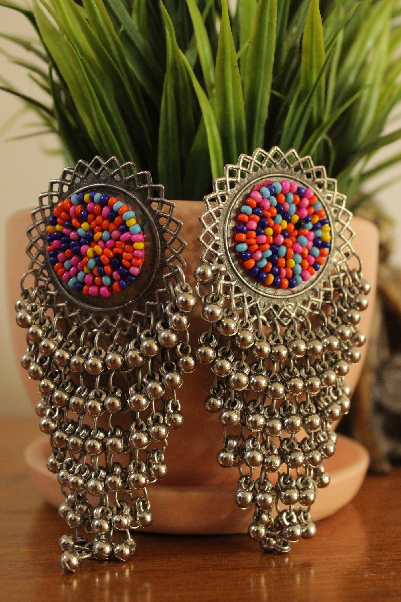 Multi-Color Acrylic Beads and Metal Beads Oxidised Finish Dangler Earrings