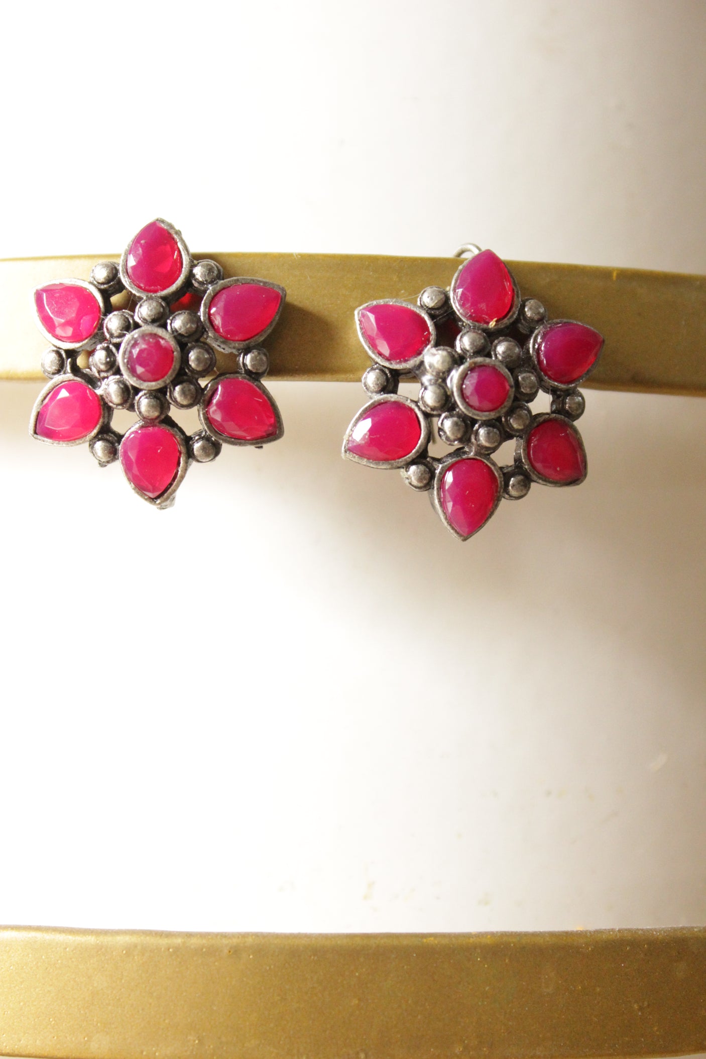 Ruby Red Glass Stones Embedded Oxidised Finish Stud Earrings