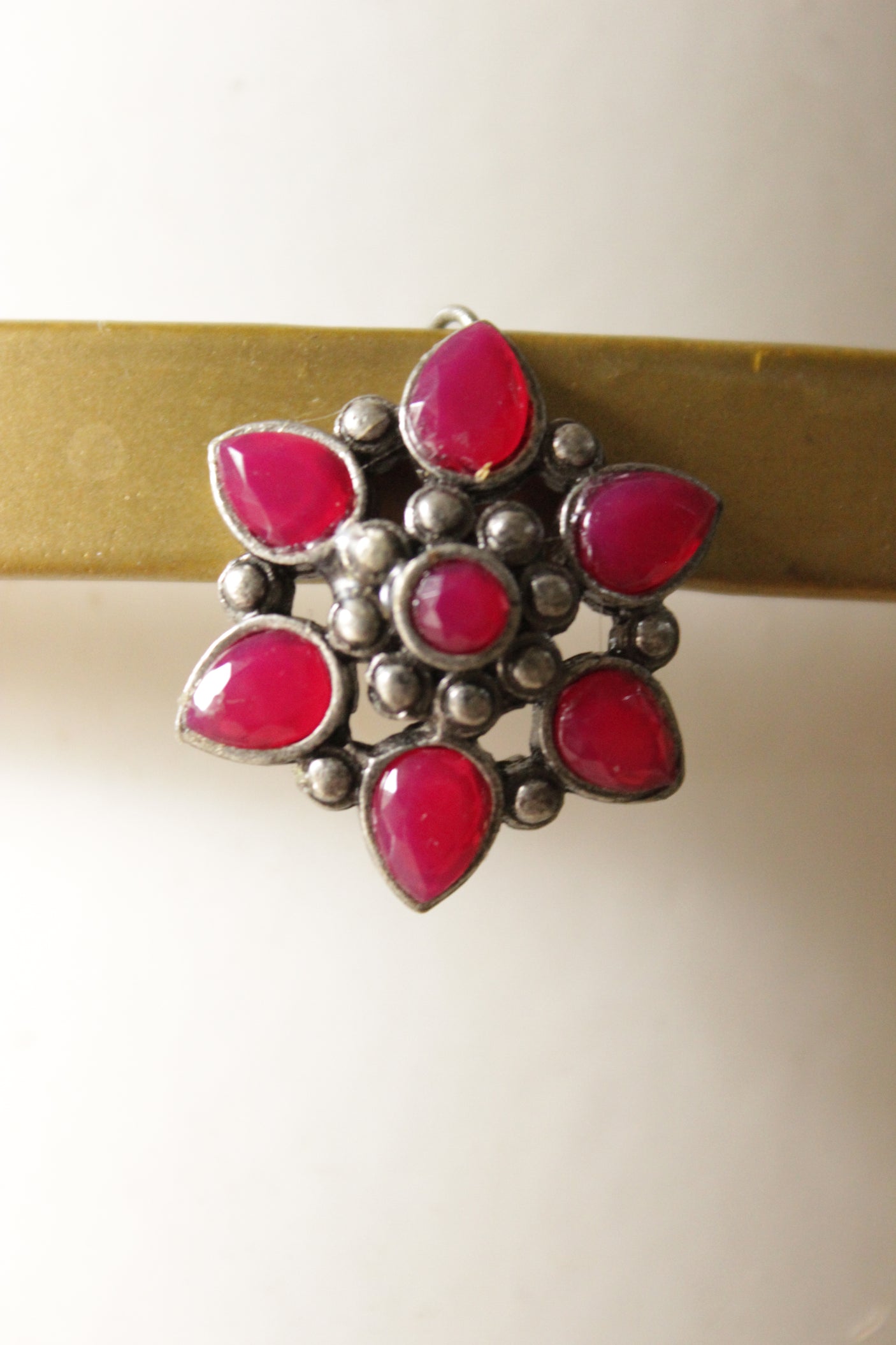Ruby Red Glass Stones Embedded Oxidised Finish Stud Earrings
