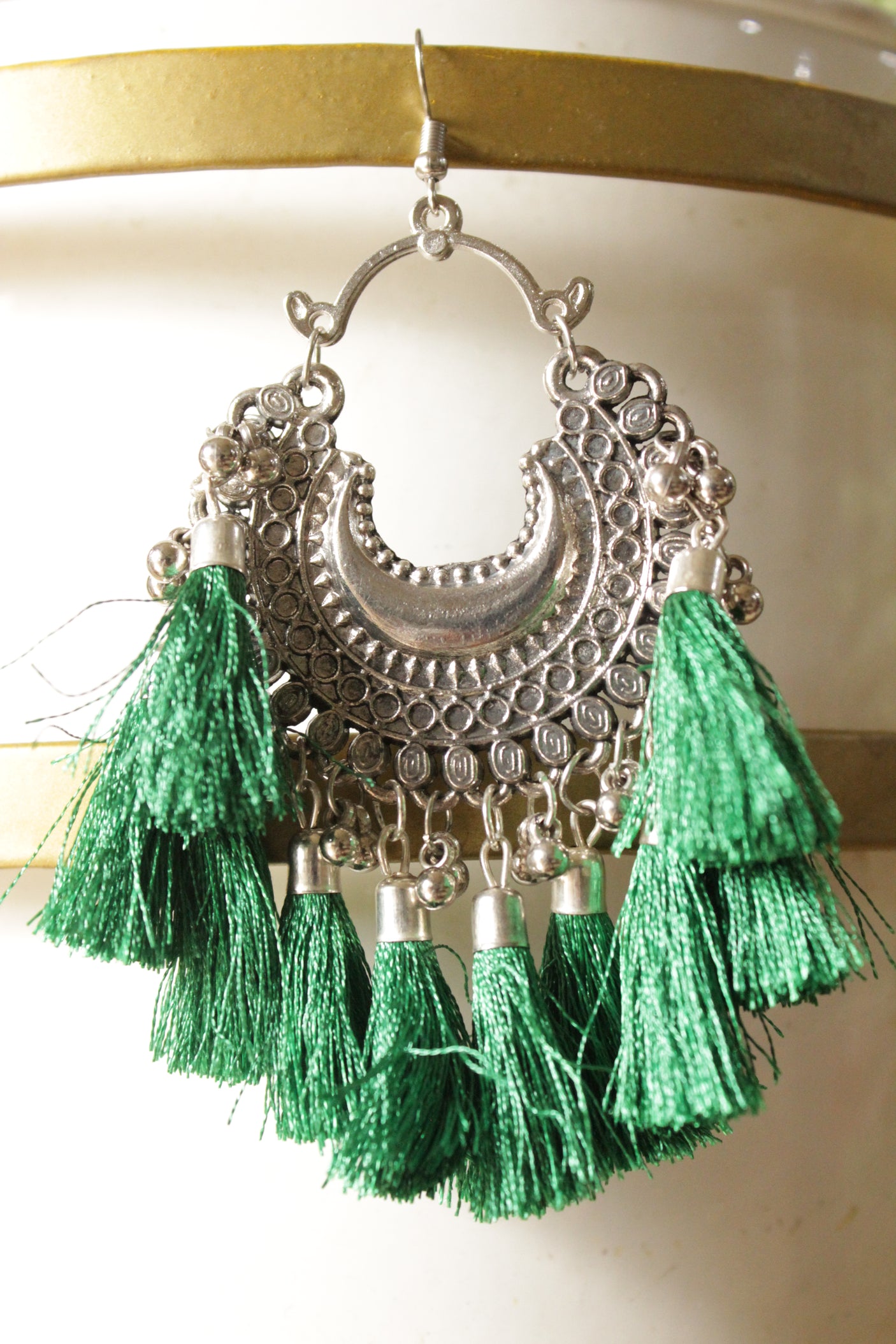 Green Pom Poms Embellished Crescent Moon Shape Metal Earrings