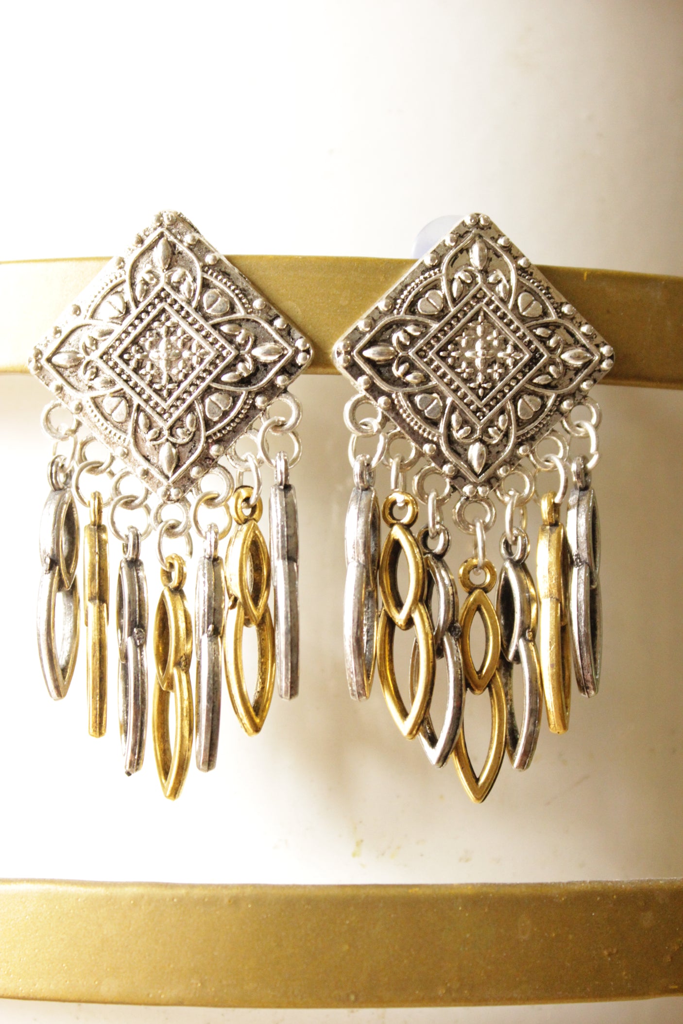 Dual Tone Oxidised Finish Metal Earrings