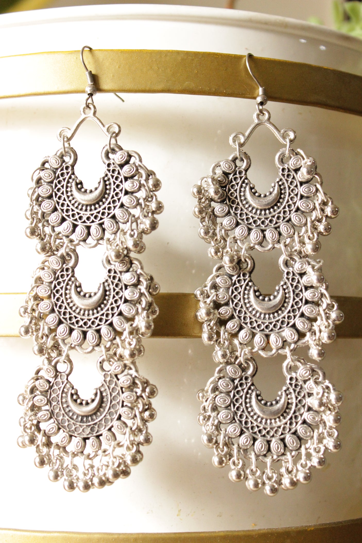 Crescent Moon Shape 3 Layer Metal Ghungroo Beads Embellished Oxidised Earrings