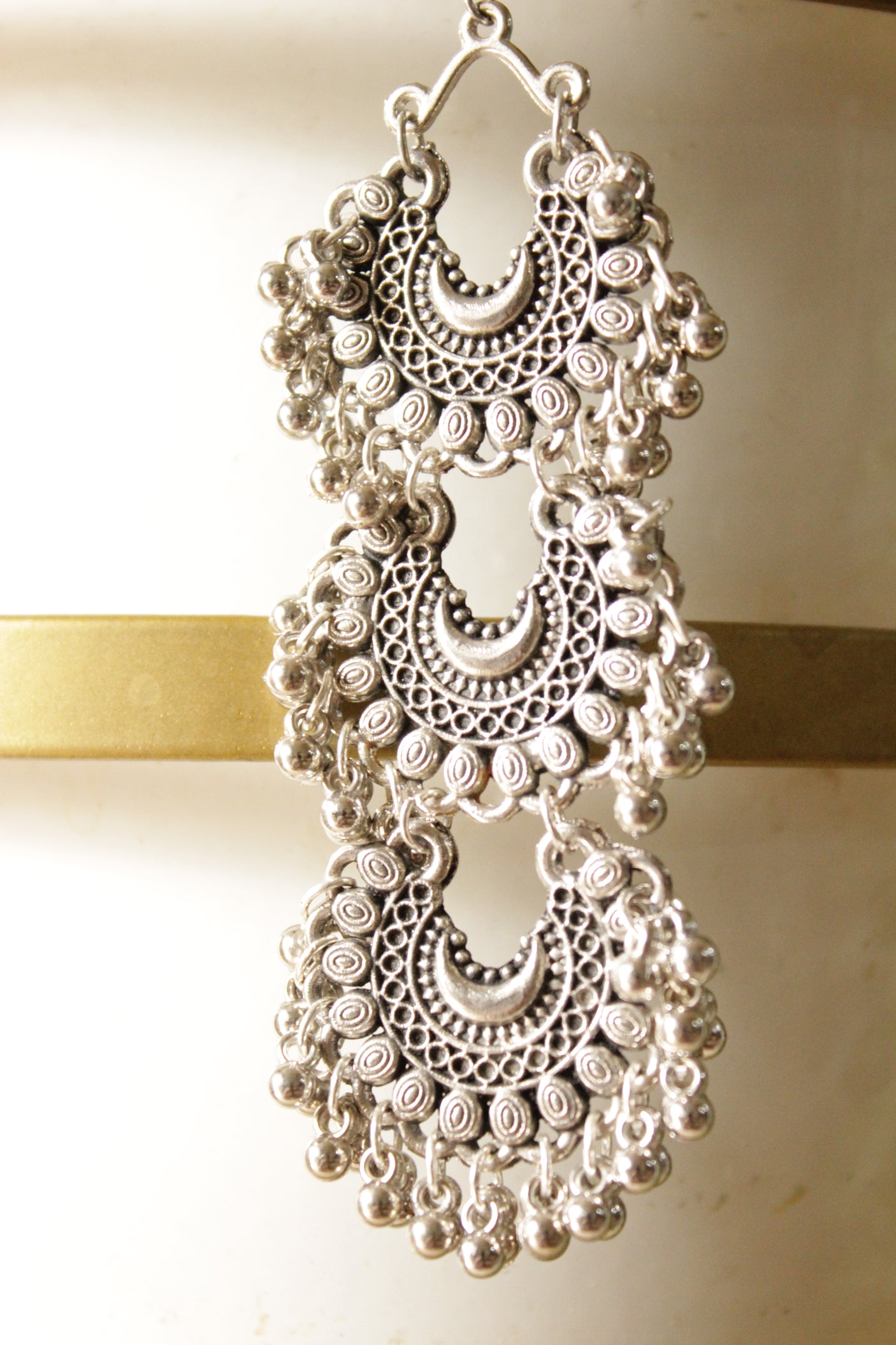 Crescent Moon Shape 3 Layer Metal Ghungroo Beads Embellished Oxidised Earrings