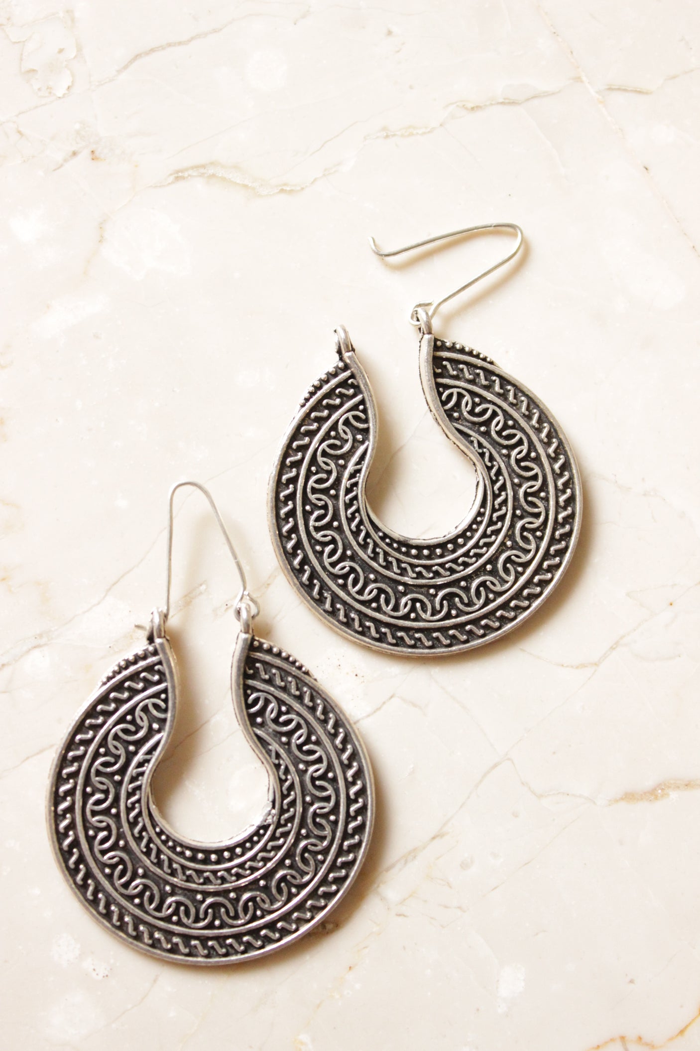 Intricately Detailed Oxidised Finish Circular Metal Earrings