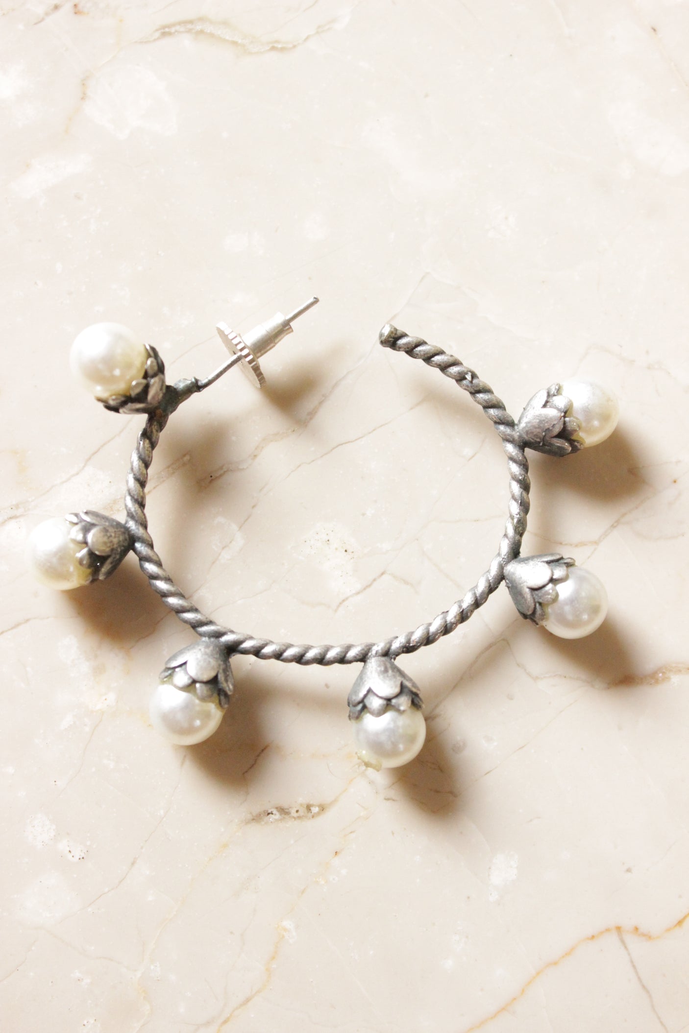 Pearl Stone Embellished Oxidised Finish Hoop Earrings