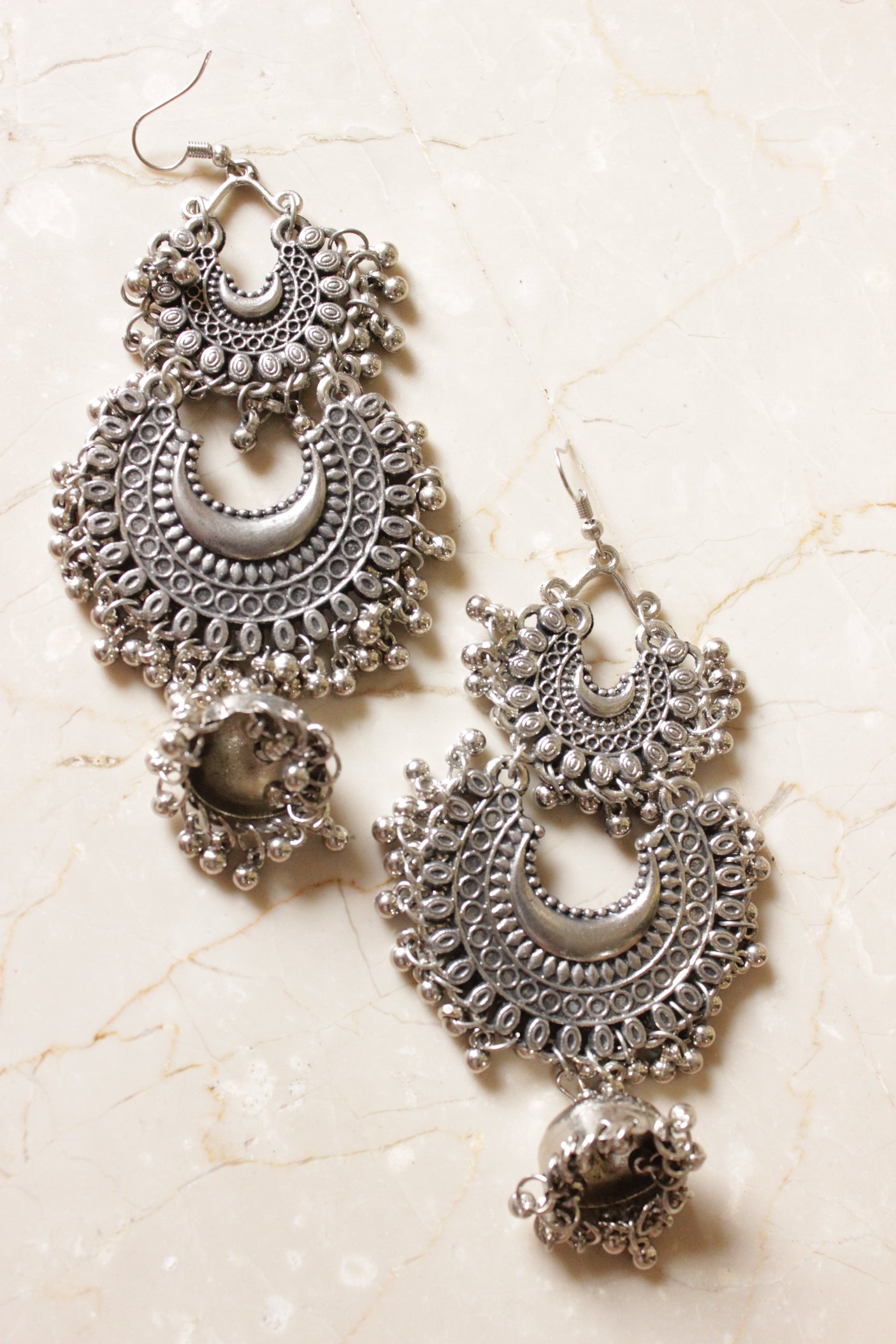 Crescent Moon Shaped 2 Layer Oxidised Finish Jhumka Earrings