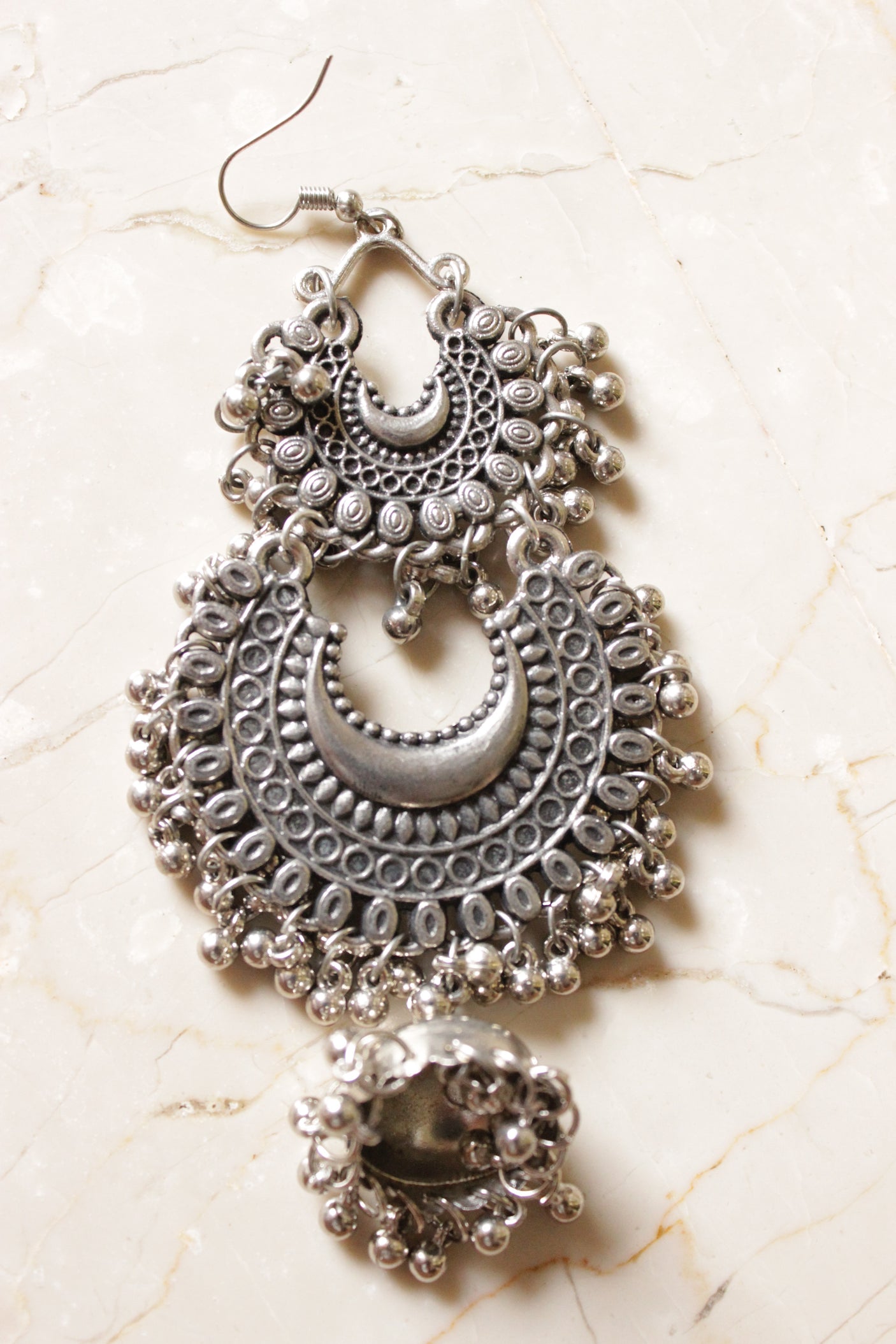 Crescent Moon Shaped 2 Layer Oxidised Finish Jhumka Earrings