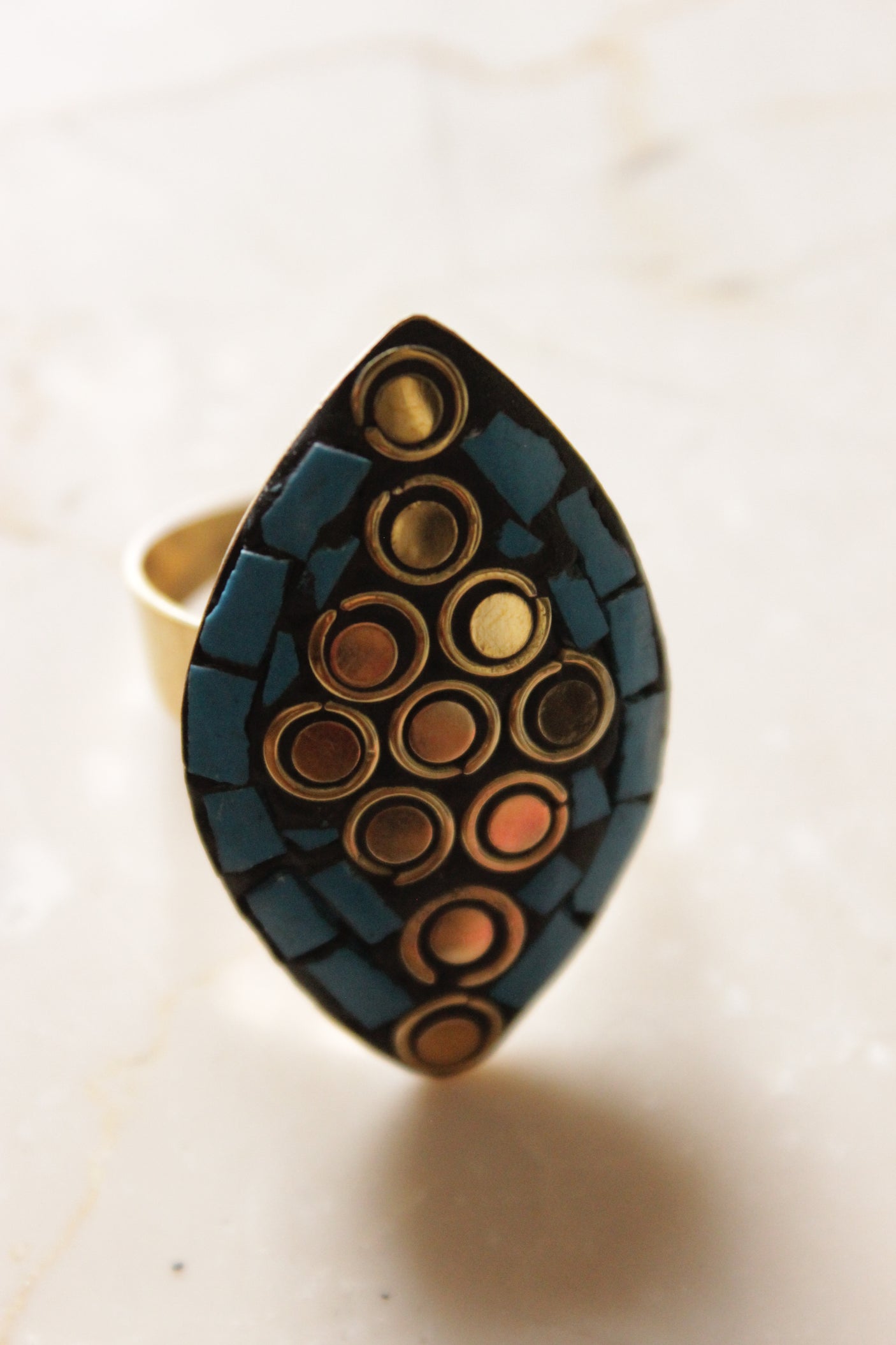 Tear Drop Shaped Black and Golden Tibetan Adjustable Ring