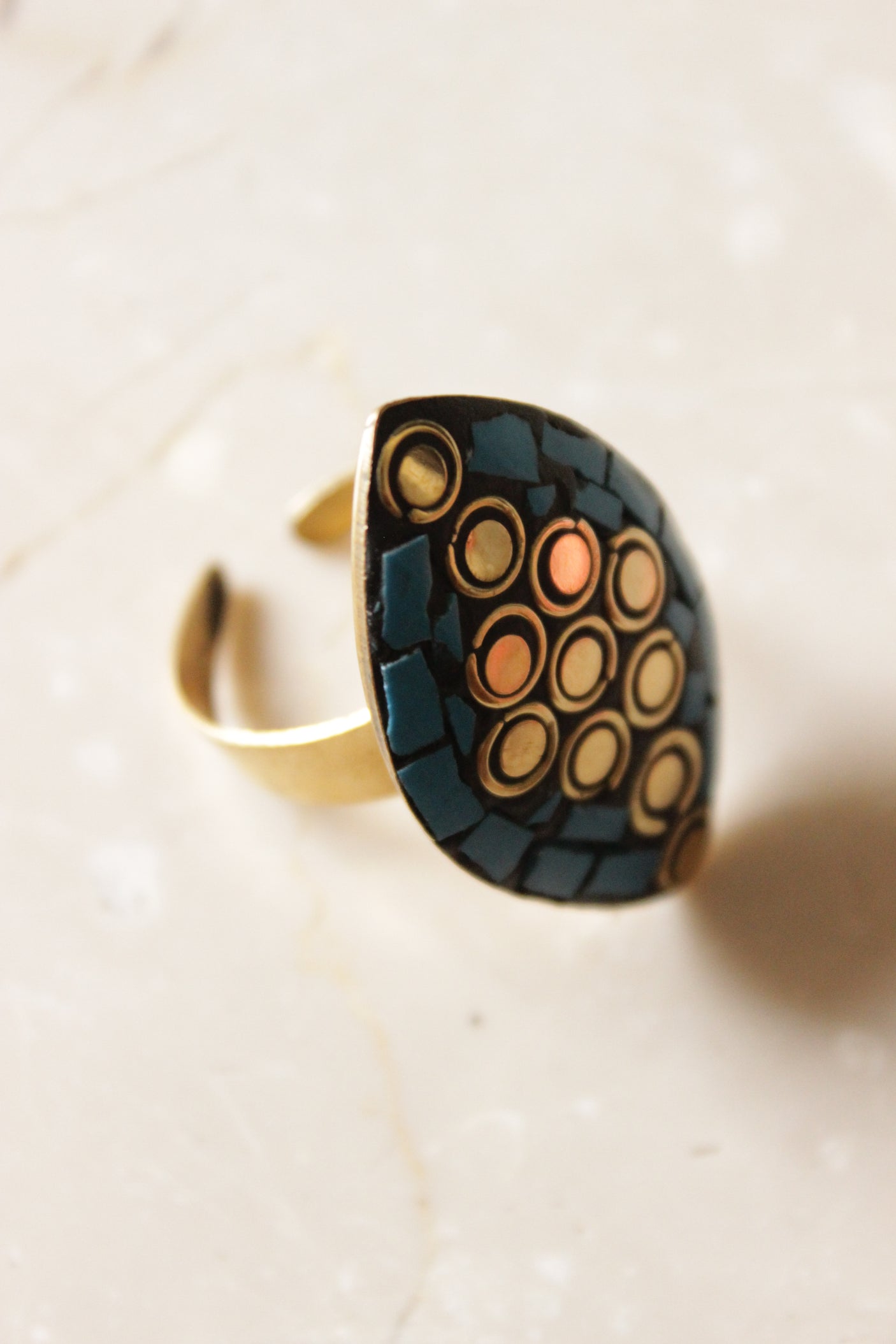 Tear Drop Shaped Black and Golden Tibetan Adjustable Ring