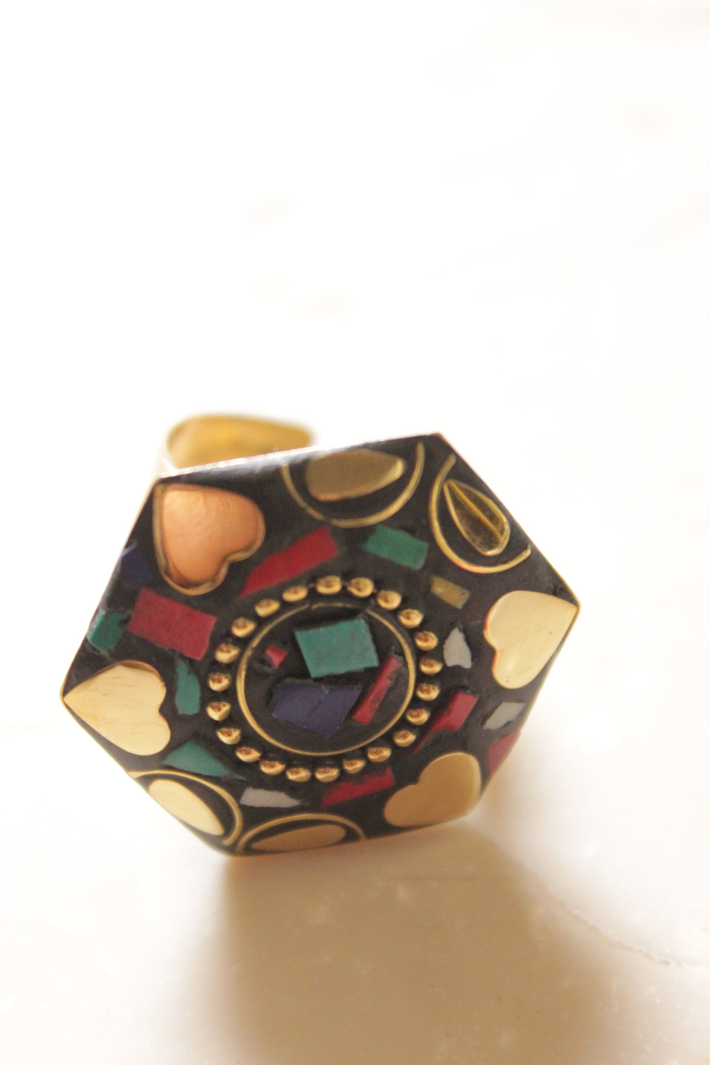 Hexagon Shaped Black and Golden Tibetan Adjustable Ring