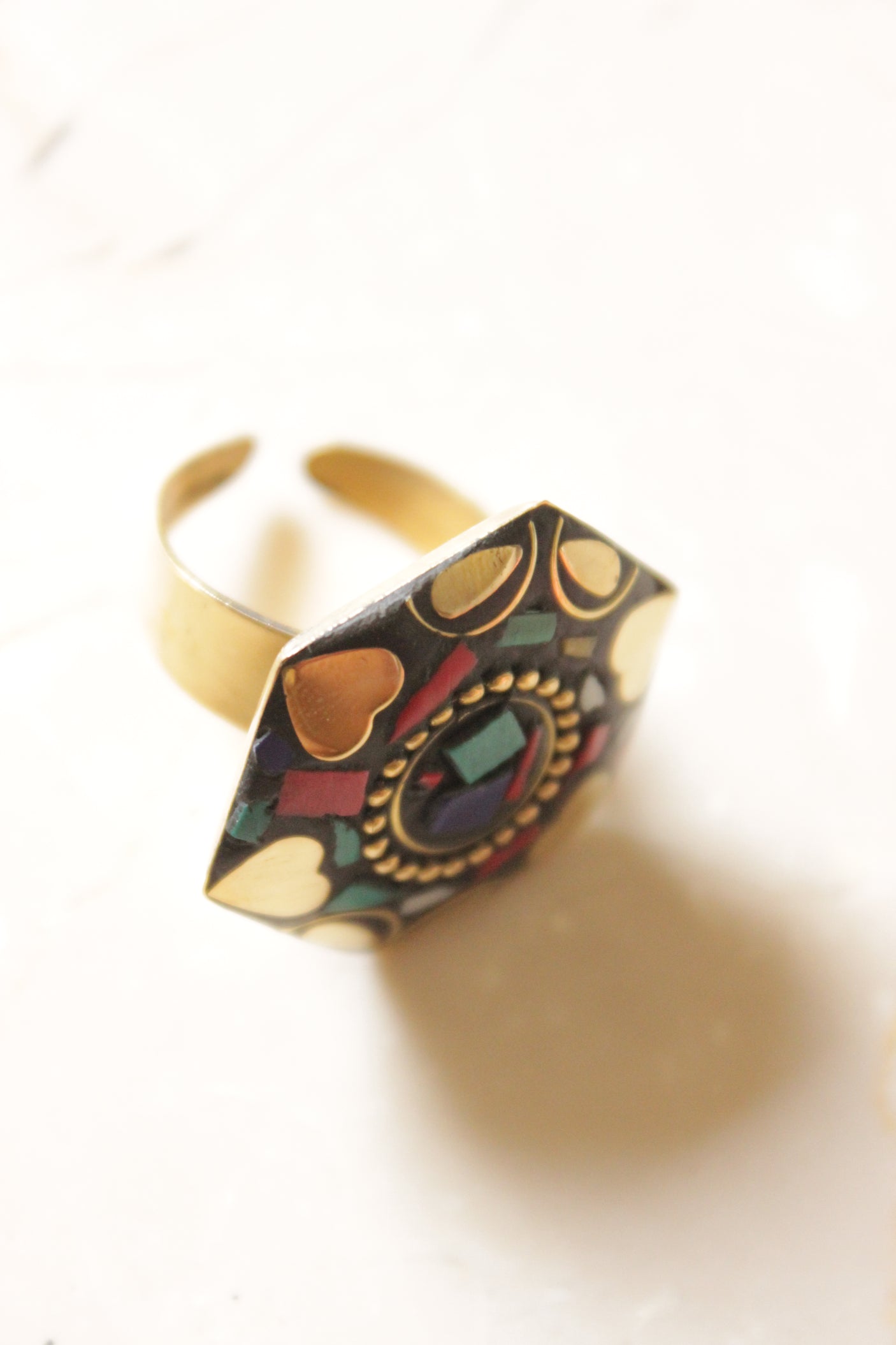 Hexagon Shaped Black and Golden Tibetan Adjustable Ring