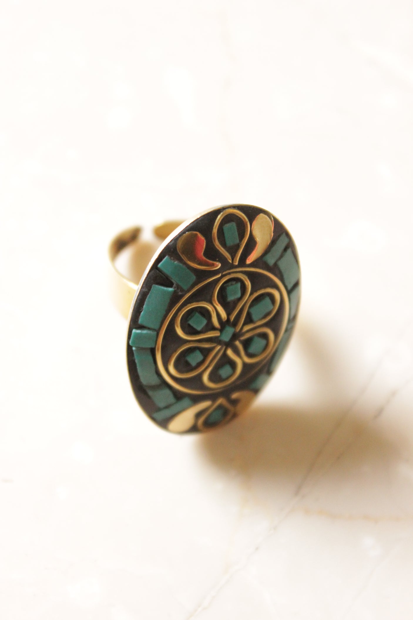 Oval Shaped Black and Golden Tibetan Adjustable Ring