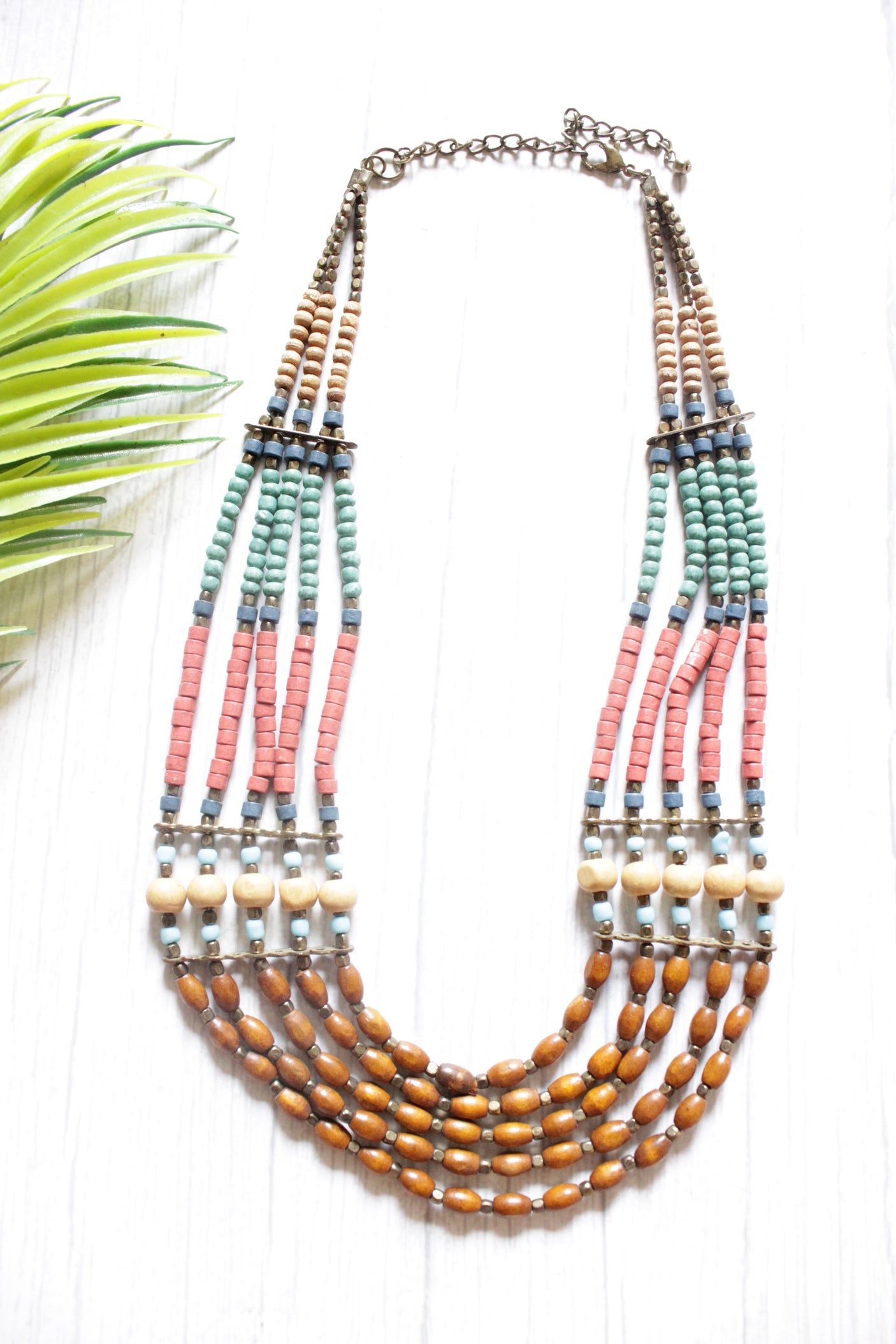 Multi-Color Earthy Tones Wooden Beads Handmade Boho Necklace