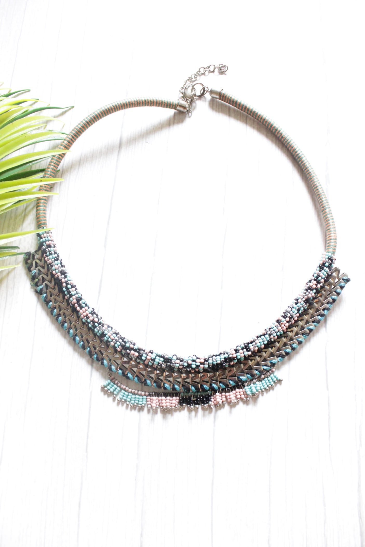 Beads and Metal Charms Hand Braided Choker Necklace