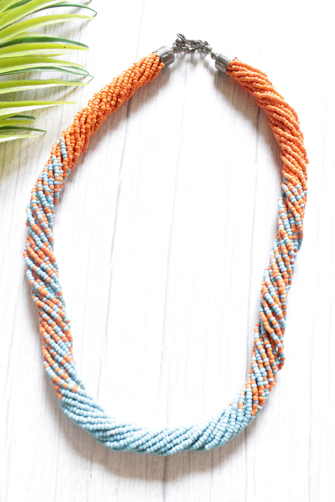 Orange and Blue Twisted Beads Handmade Boho Necklace
