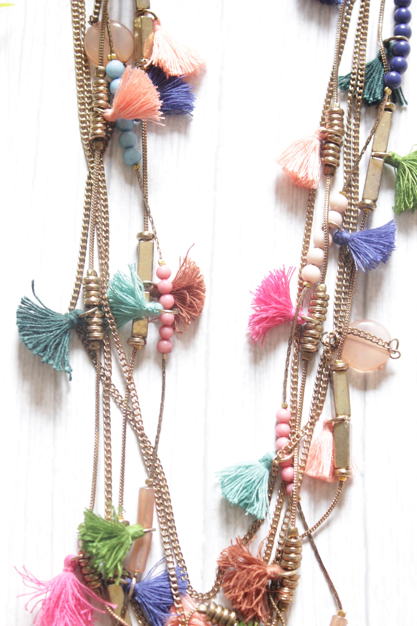 Multi-Color Fabric Pom Poms and Beads Multi-Layer Dull Gold Finish Chains Long Boho Necklace