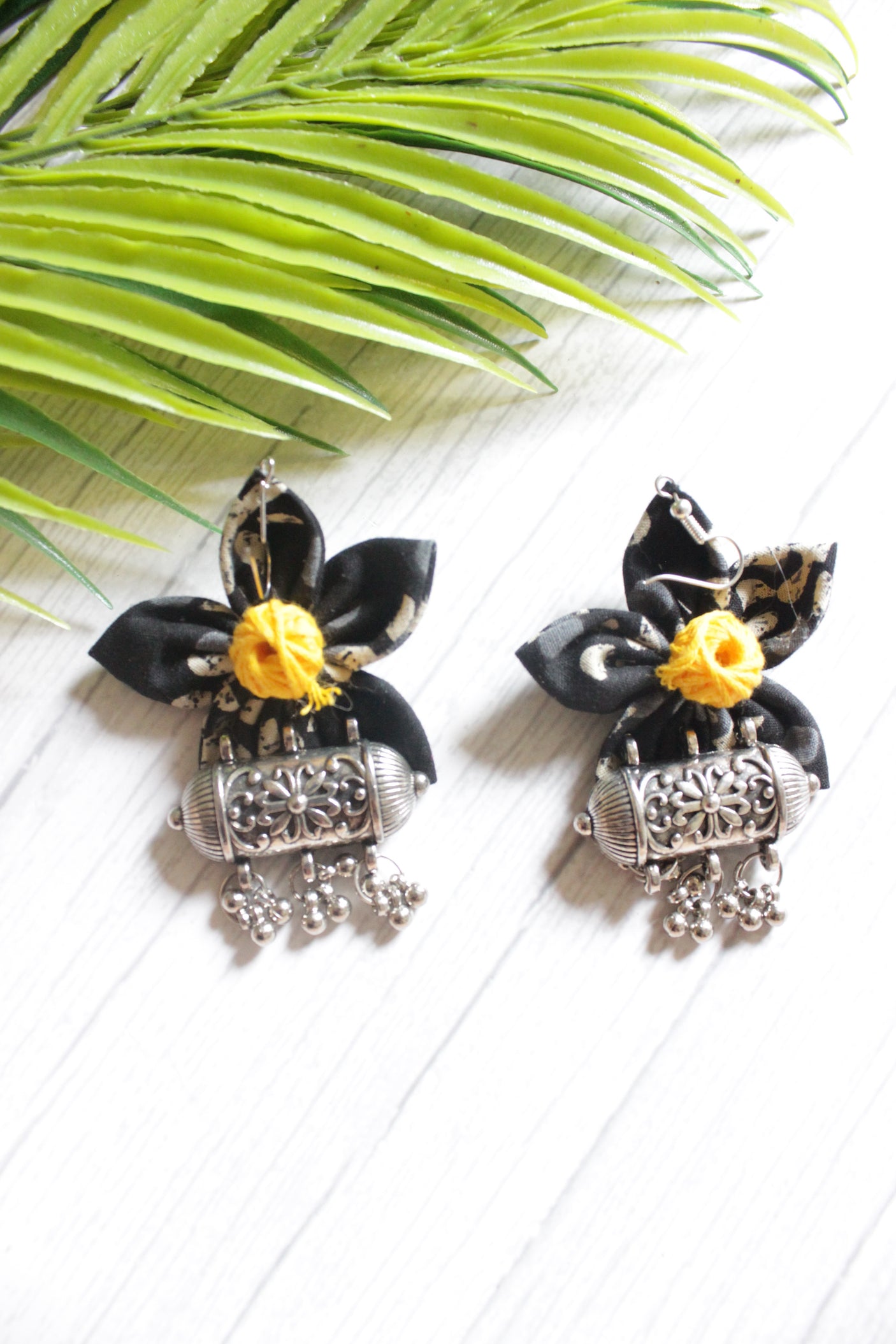 Black Block Printed Cotton Fabric Handmade Flower Earrings with Oxidised Finish Metal Charm