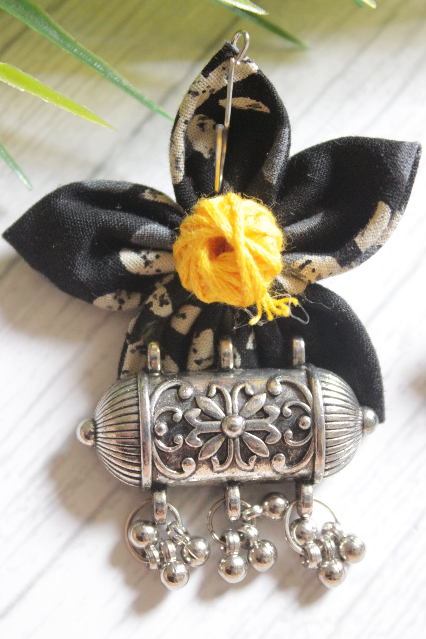 Black Block Printed Cotton Fabric Handmade Flower Earrings with Oxidised Finish Metal Charm