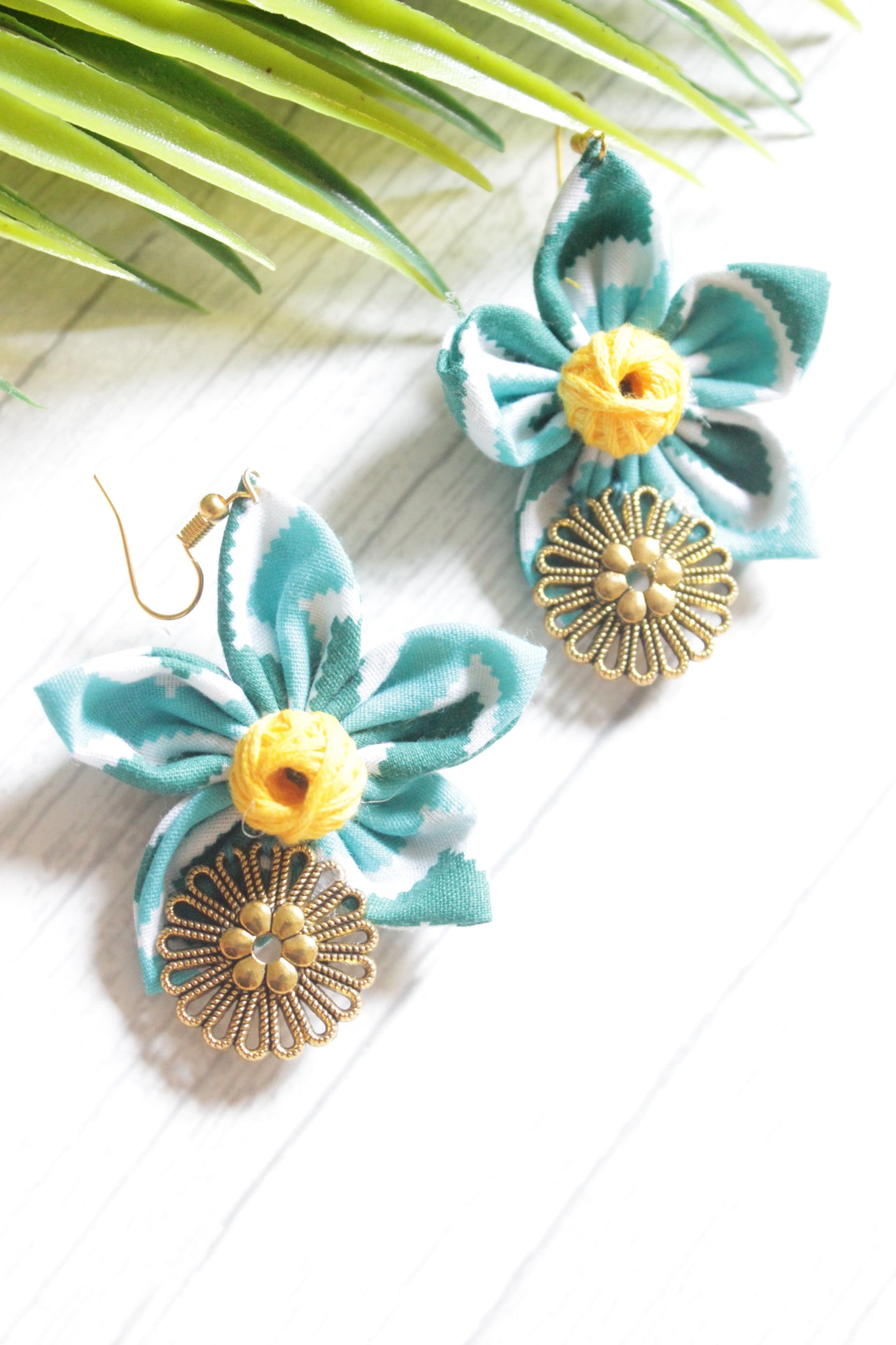 Blue and White Cotton Fabric Handmade Flower Earrings with Antique Gold Finish Metal Charm