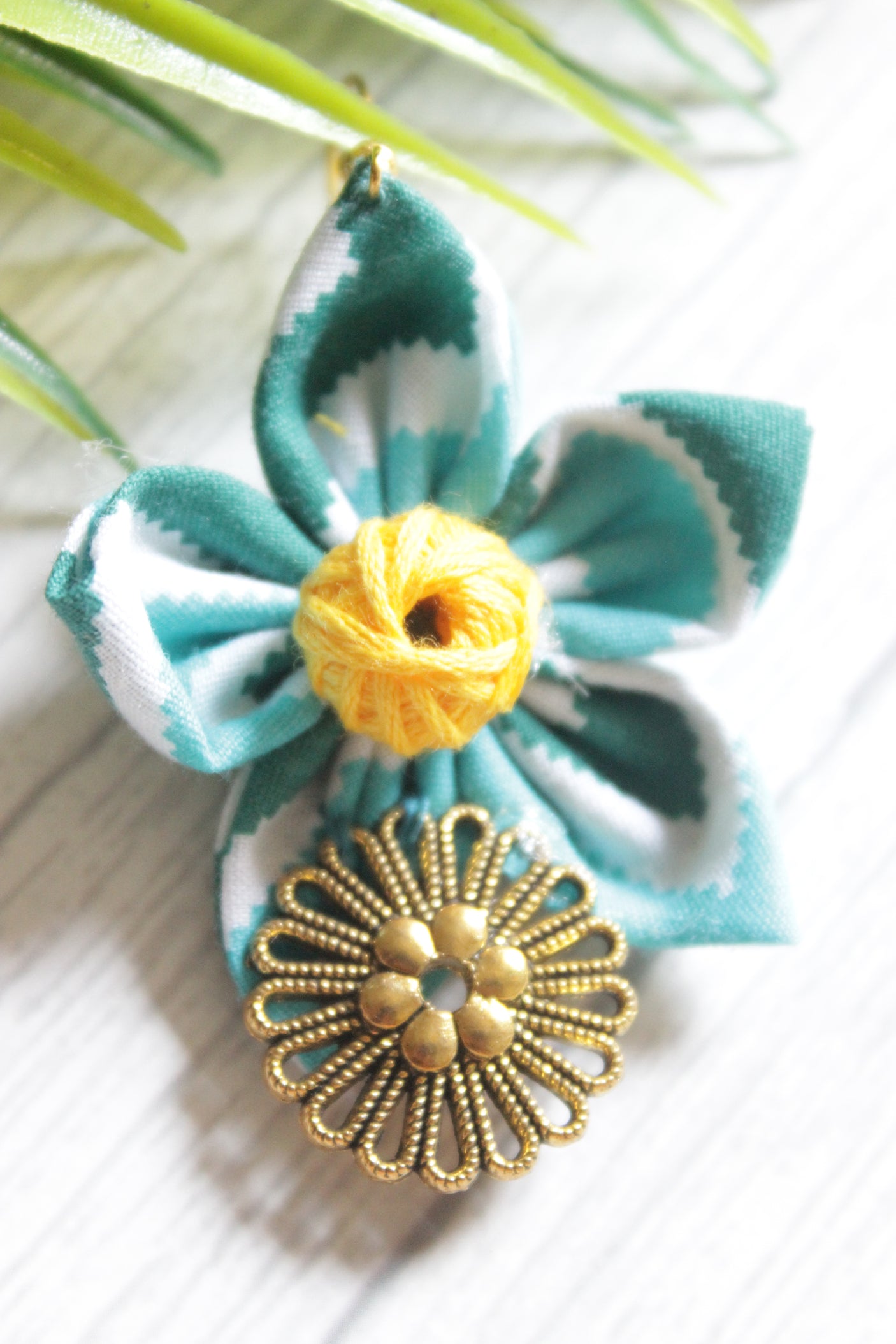 Blue and White Cotton Fabric Handmade Flower Earrings with Antique Gold Finish Metal Charm