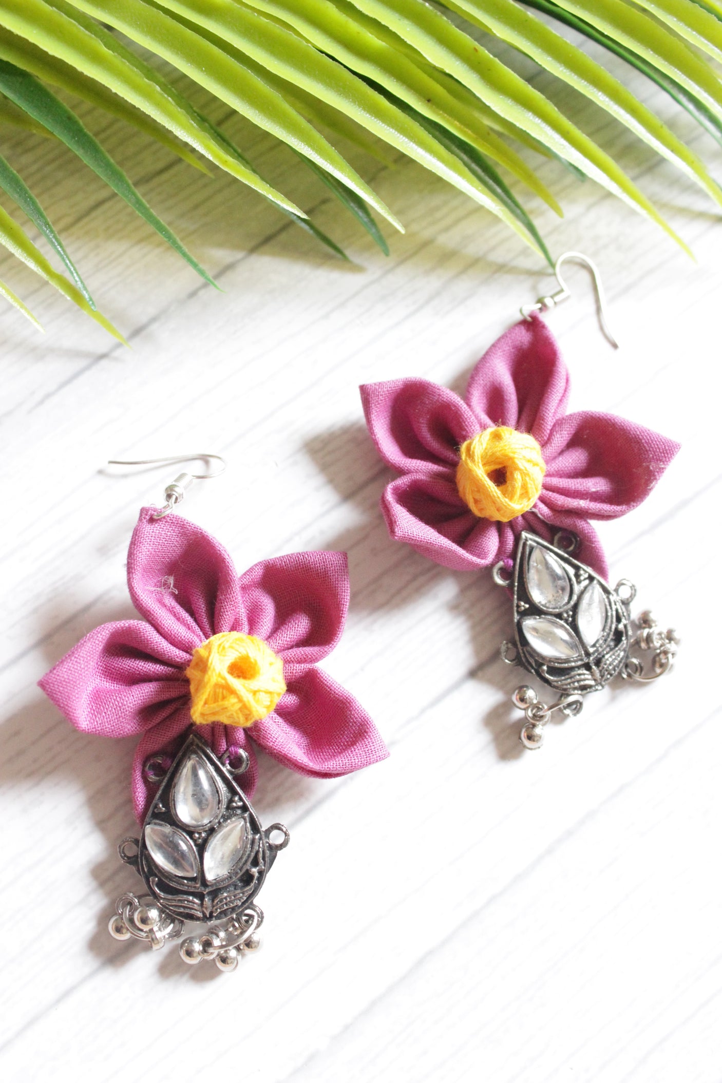 Fuchsia Cotton Fabric Handmade Flower Earrings with Oxidised Finish Metal Charm