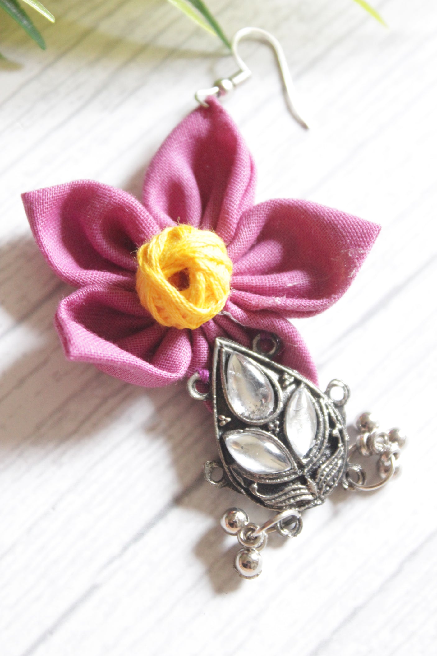 Fuchsia Cotton Fabric Handmade Flower Earrings with Oxidised Finish Metal Charm