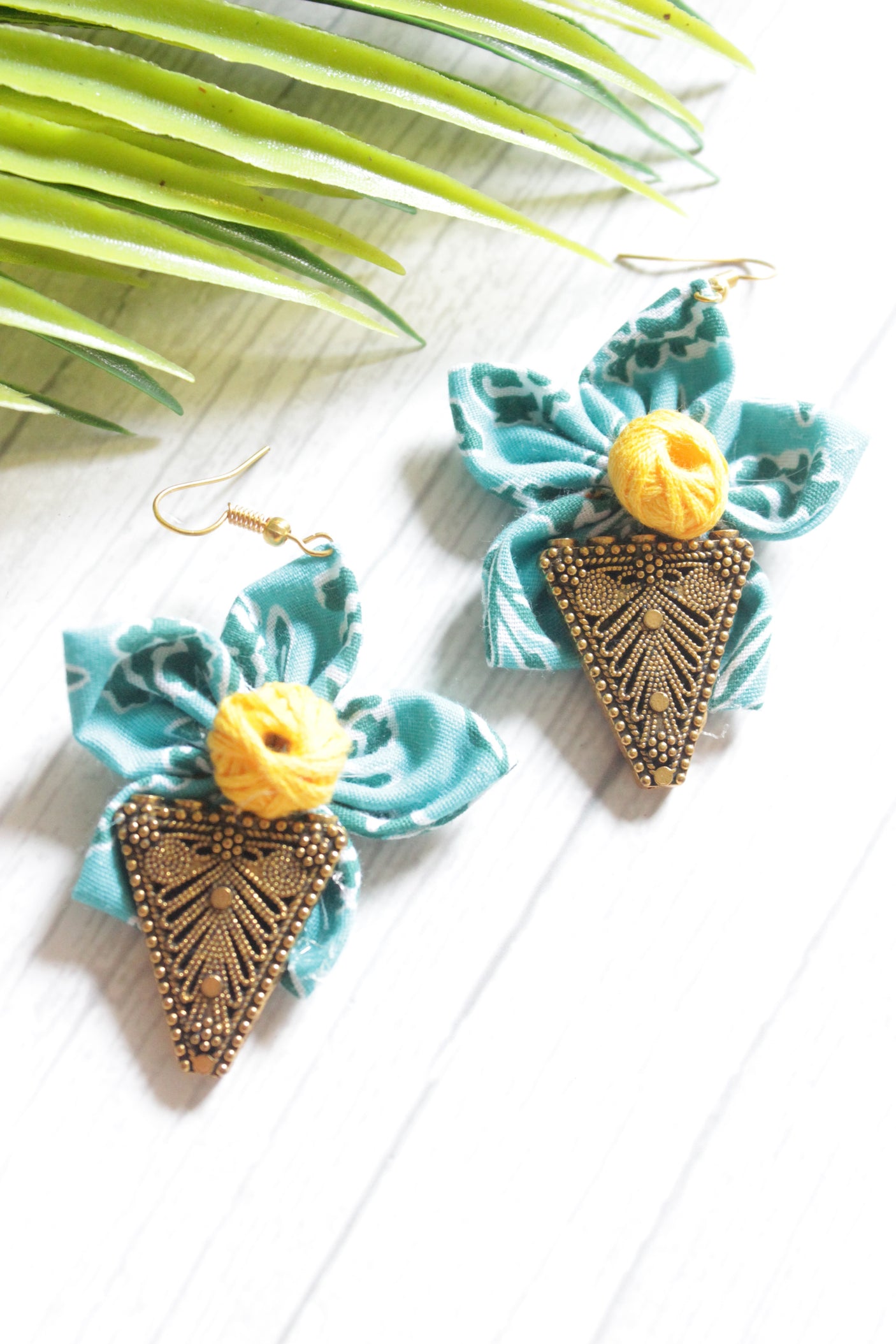 Blue Printed Cotton Fabric Handmade Flower Earrings with Antique Gold Finish Metal Charm