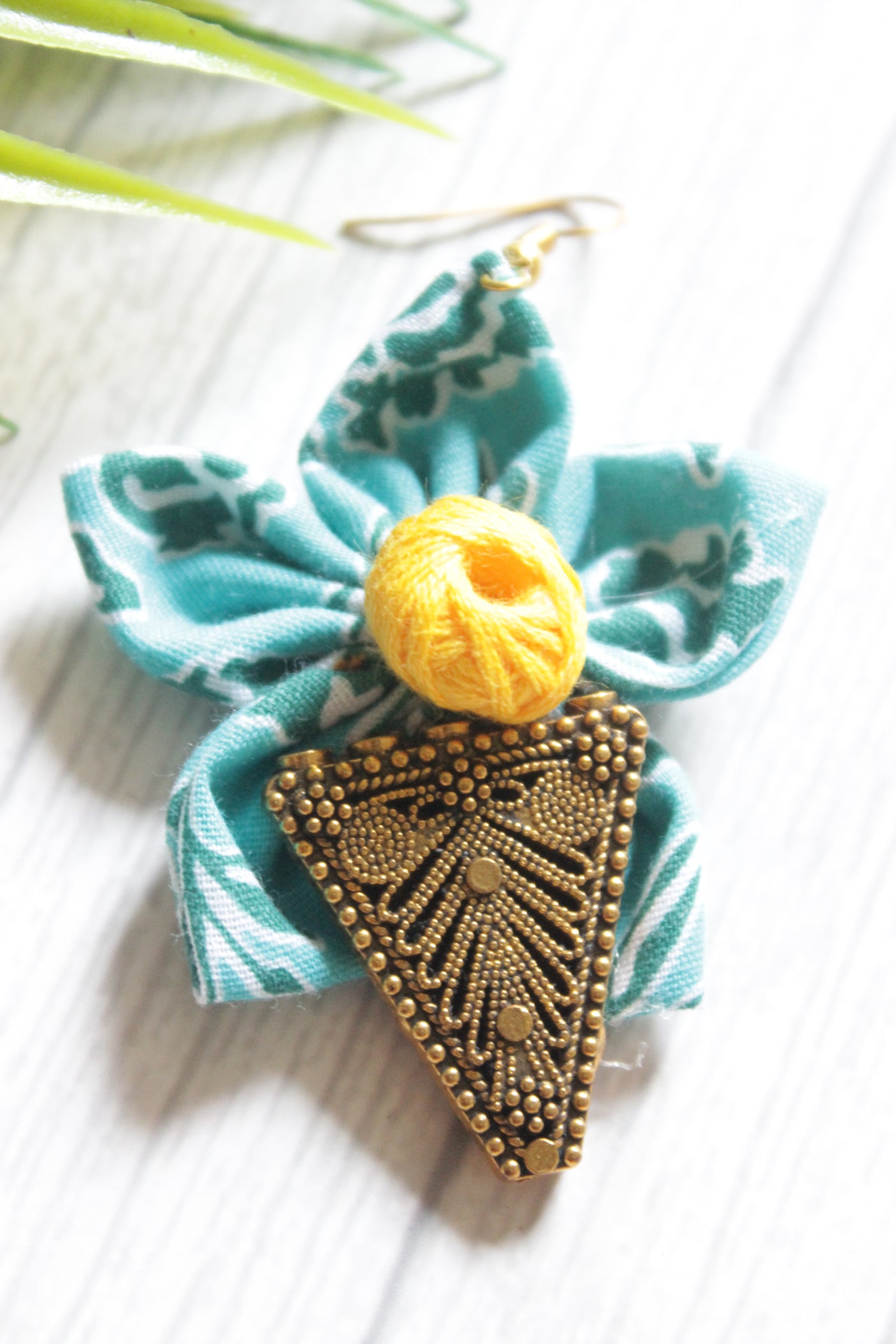 Blue Printed Cotton Fabric Handmade Flower Earrings with Antique Gold Finish Metal Charm