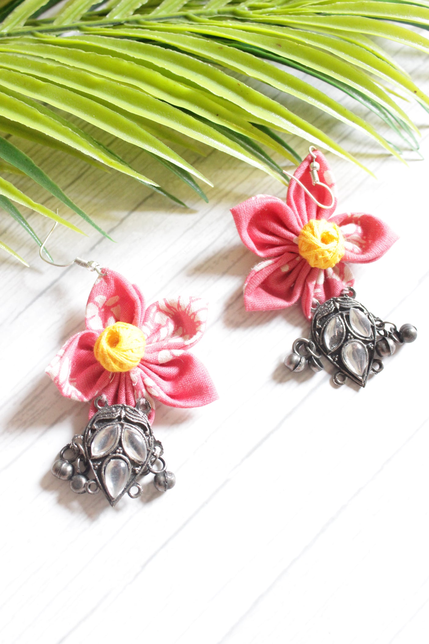 Baby Pink Printed Cotton Fabric Handmade Flower Earrings with Oxidised Finish Metal Charm