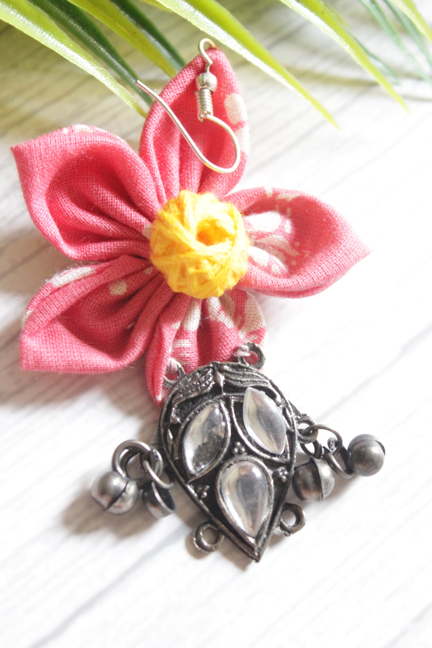 Baby Pink Printed Cotton Fabric Handmade Flower Earrings with Oxidised Finish Metal Charm