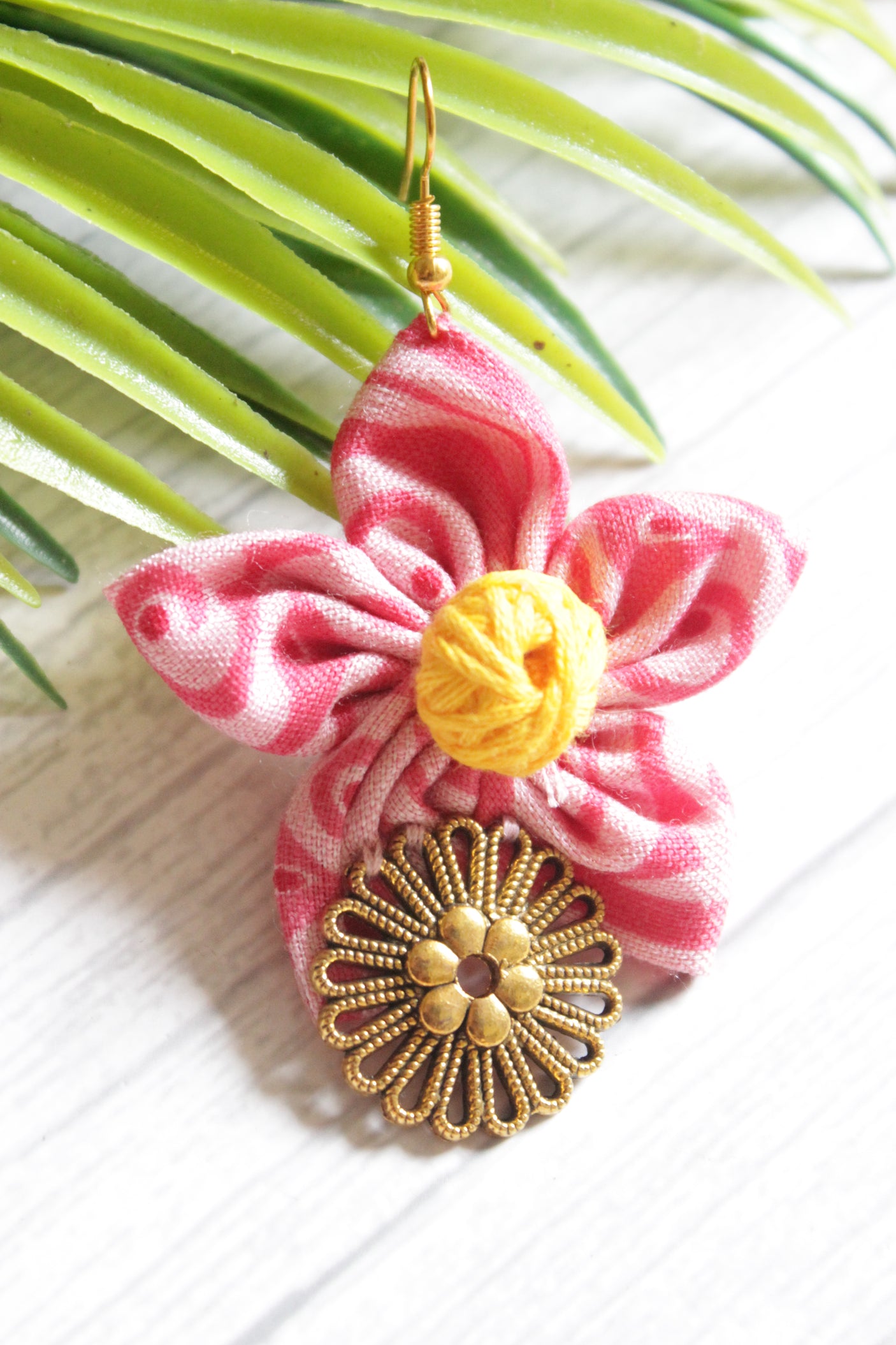 Pink Shaded Cotton Fabric Handmade Flower Earrings with Antique Gold Finish Metal Charm