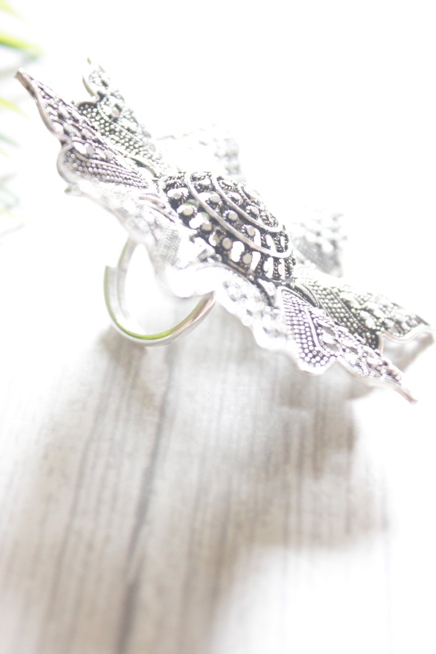 Intricate Big Flower Pattern Adjustable Size Oxidised Finish Statement Cocktail Ring