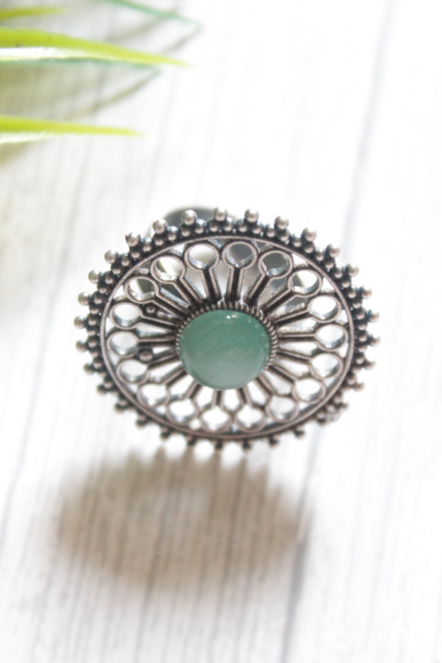 Blue Center Stone Intricate Flower Pattern Adjustable Size Oxidised Finish Statement Cocktail Ring