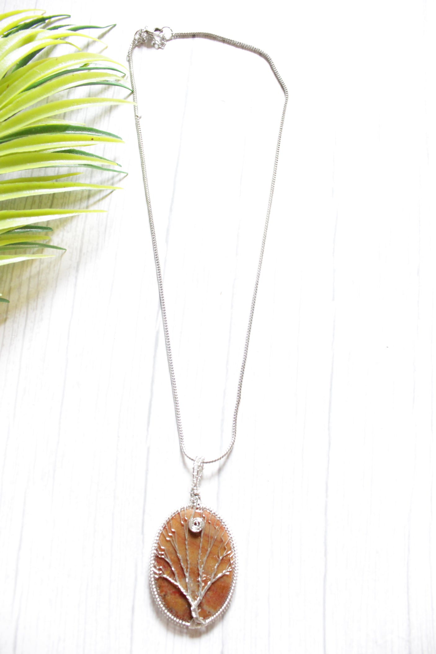 7 Chakra Tree of Life Wrapped on Brown Natural Gemstone Pendant Brass Chain Necklace