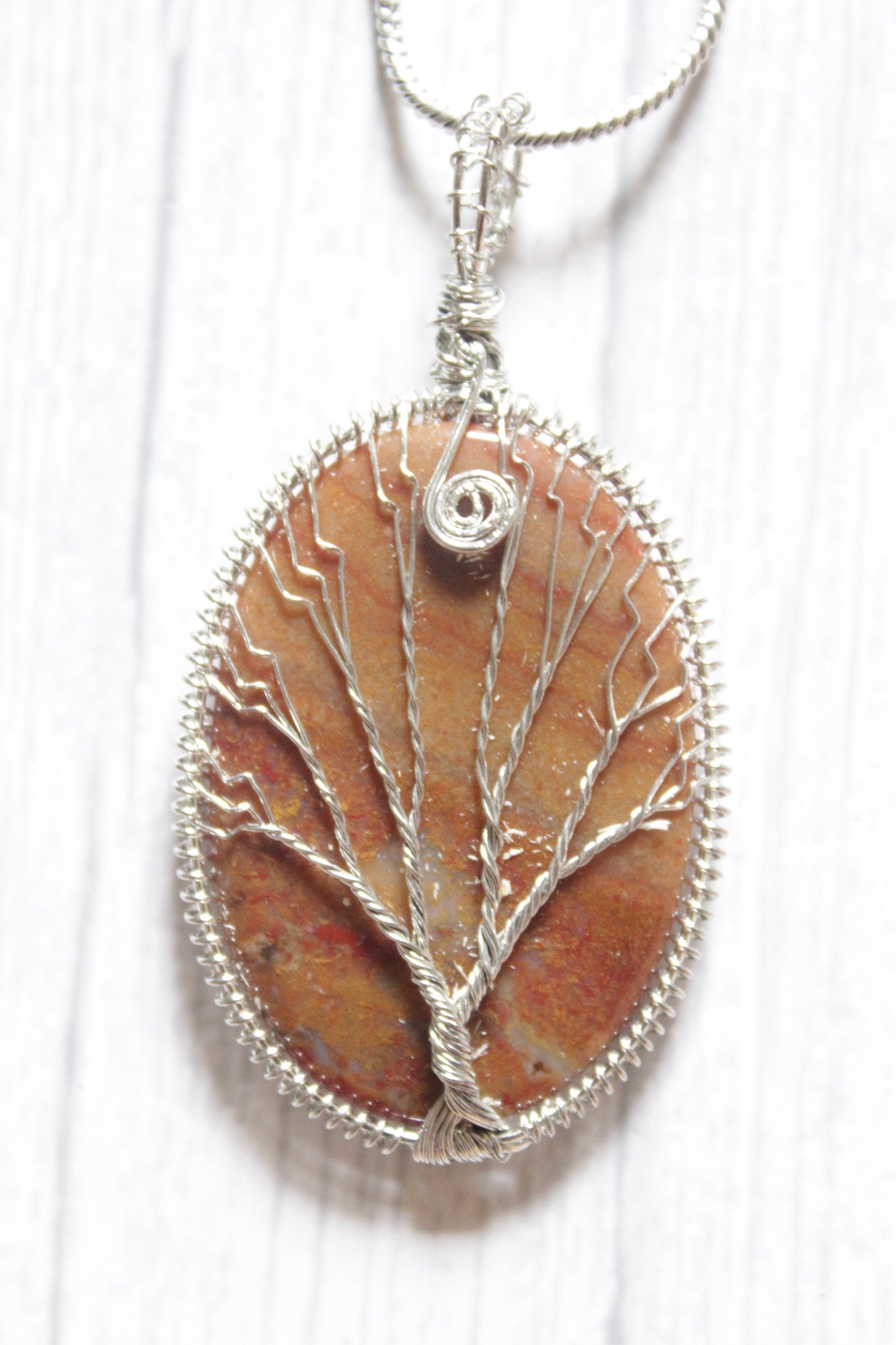 7 Chakra Tree of Life Wrapped on Brown Natural Gemstone Pendant Brass Chain Necklace