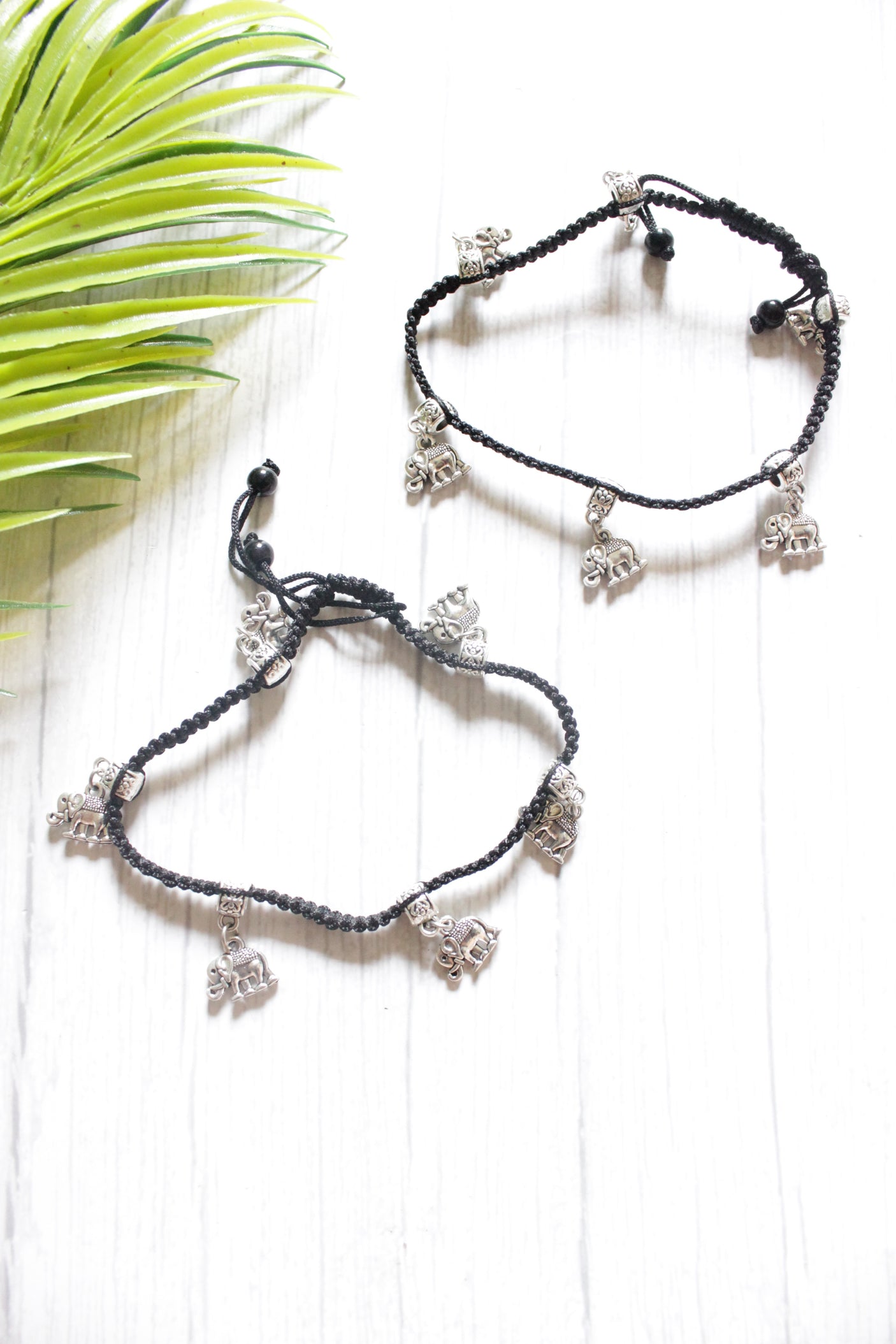 Set of 2 Braided Thread Anklets with Elephant Metal Charms