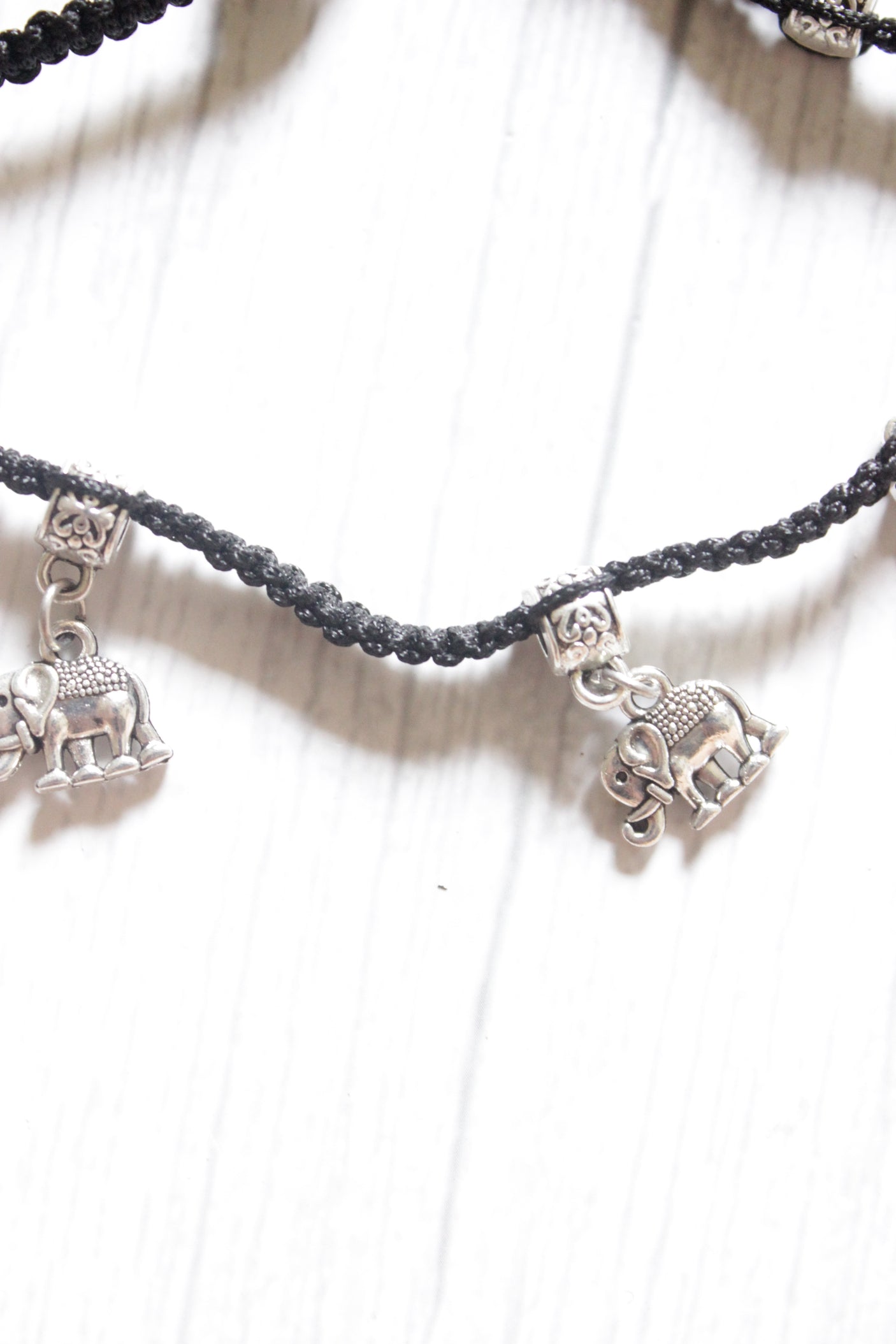 Set of 2 Braided Thread Anklets with Elephant Metal Charms