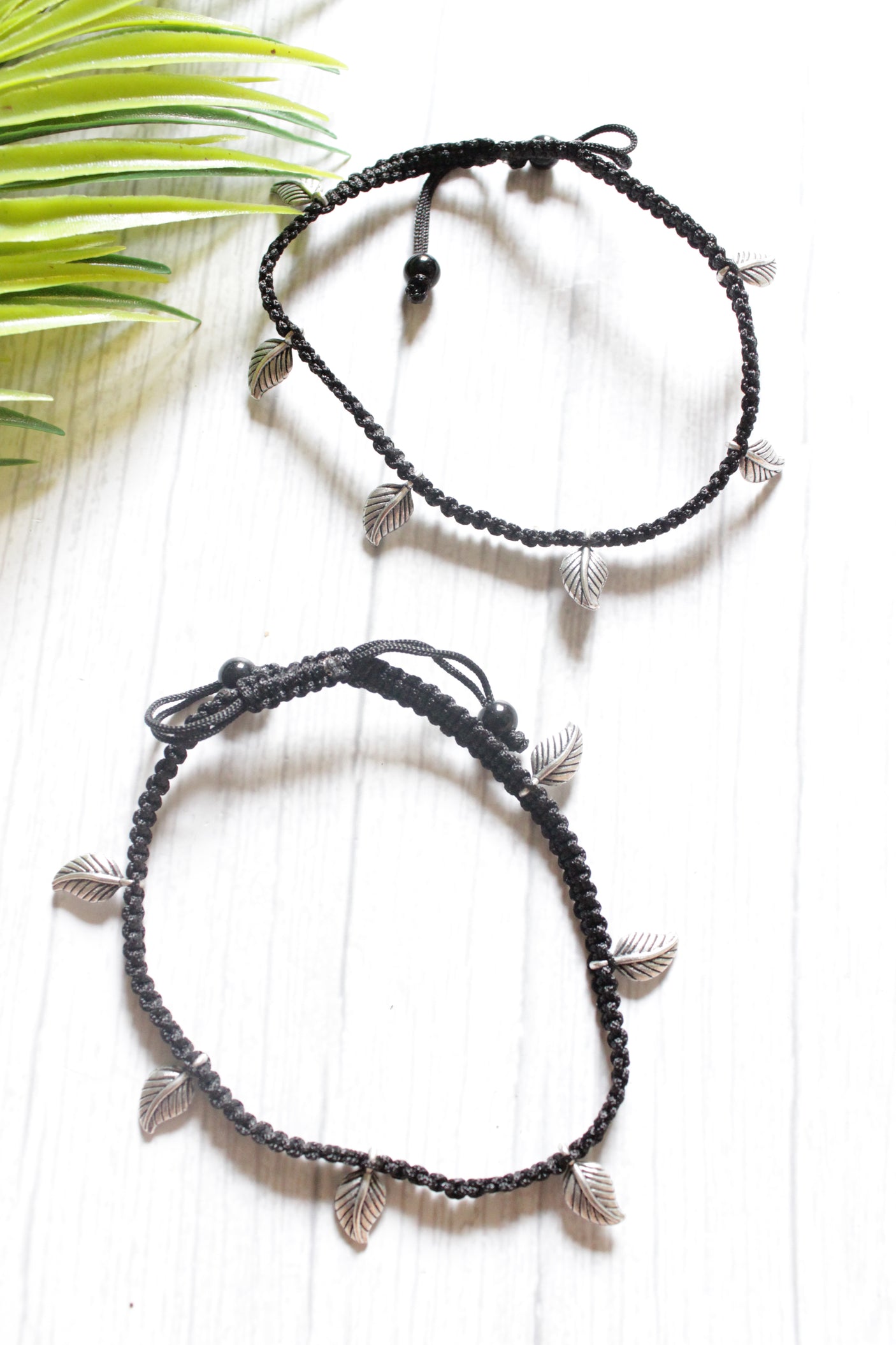 Set of 2 Braided Thread Anklets with Leaf Metal Charms