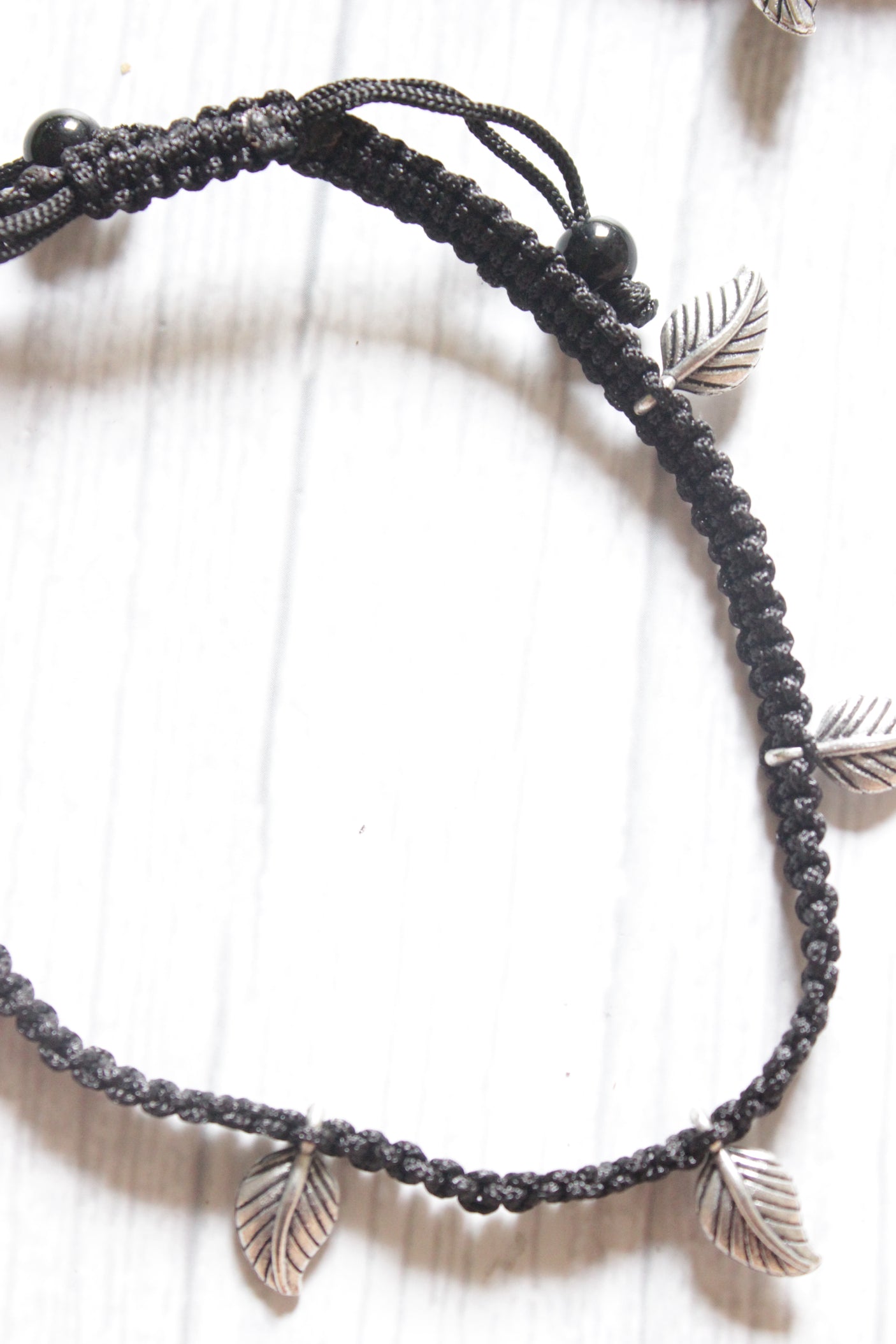 Set of 2 Braided Thread Anklets with Leaf Metal Charms