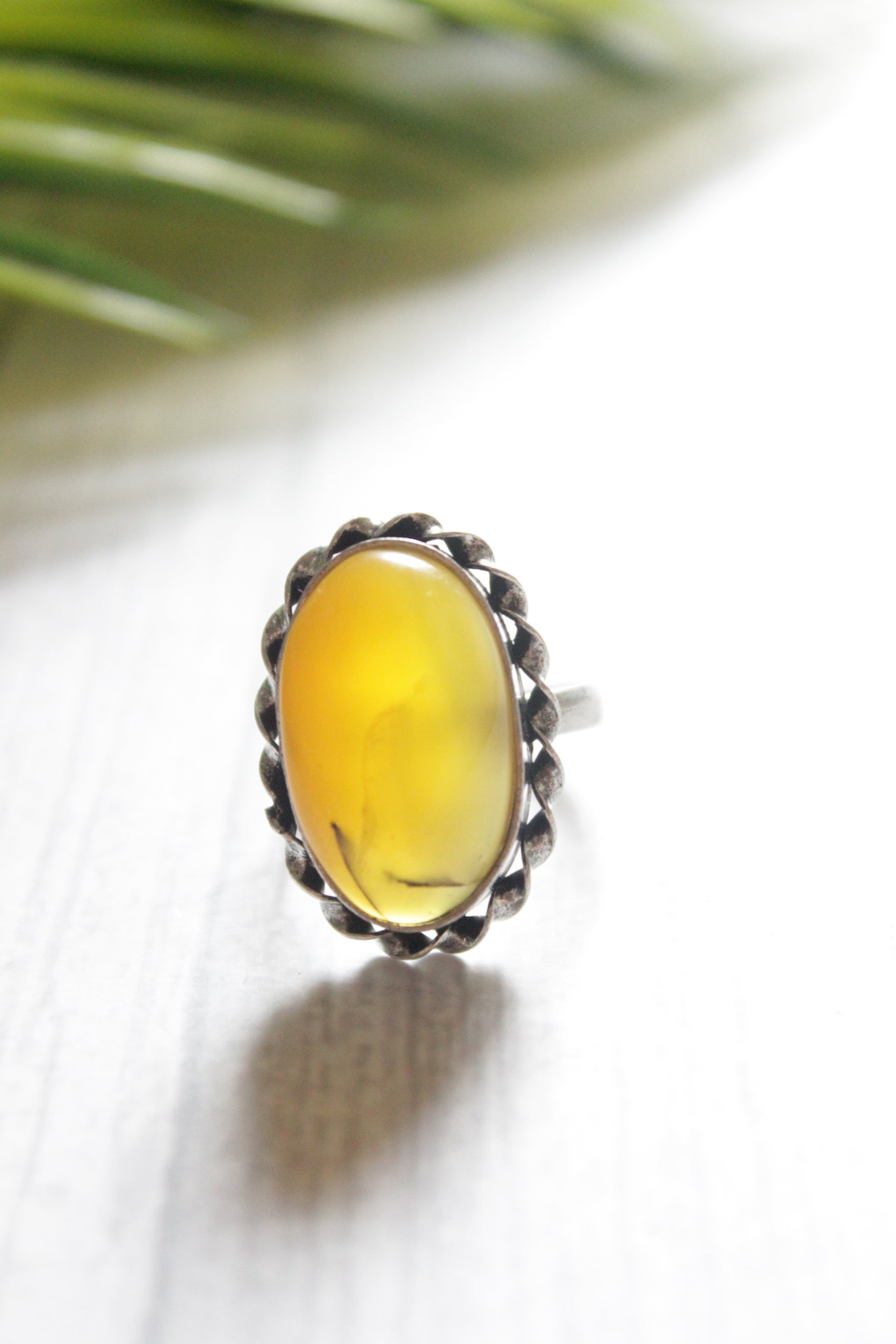 Yellow Center Stone Oval Adjustable Size Oxidised Finish Statement Ring