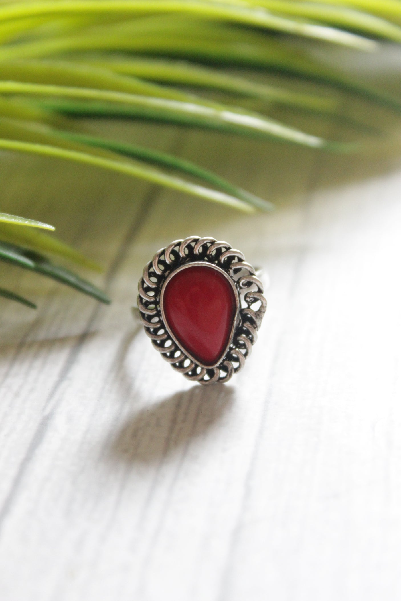 Red Tear Drop Shape Center Stone Adjustable Size Oxidised Finish Statement Ring