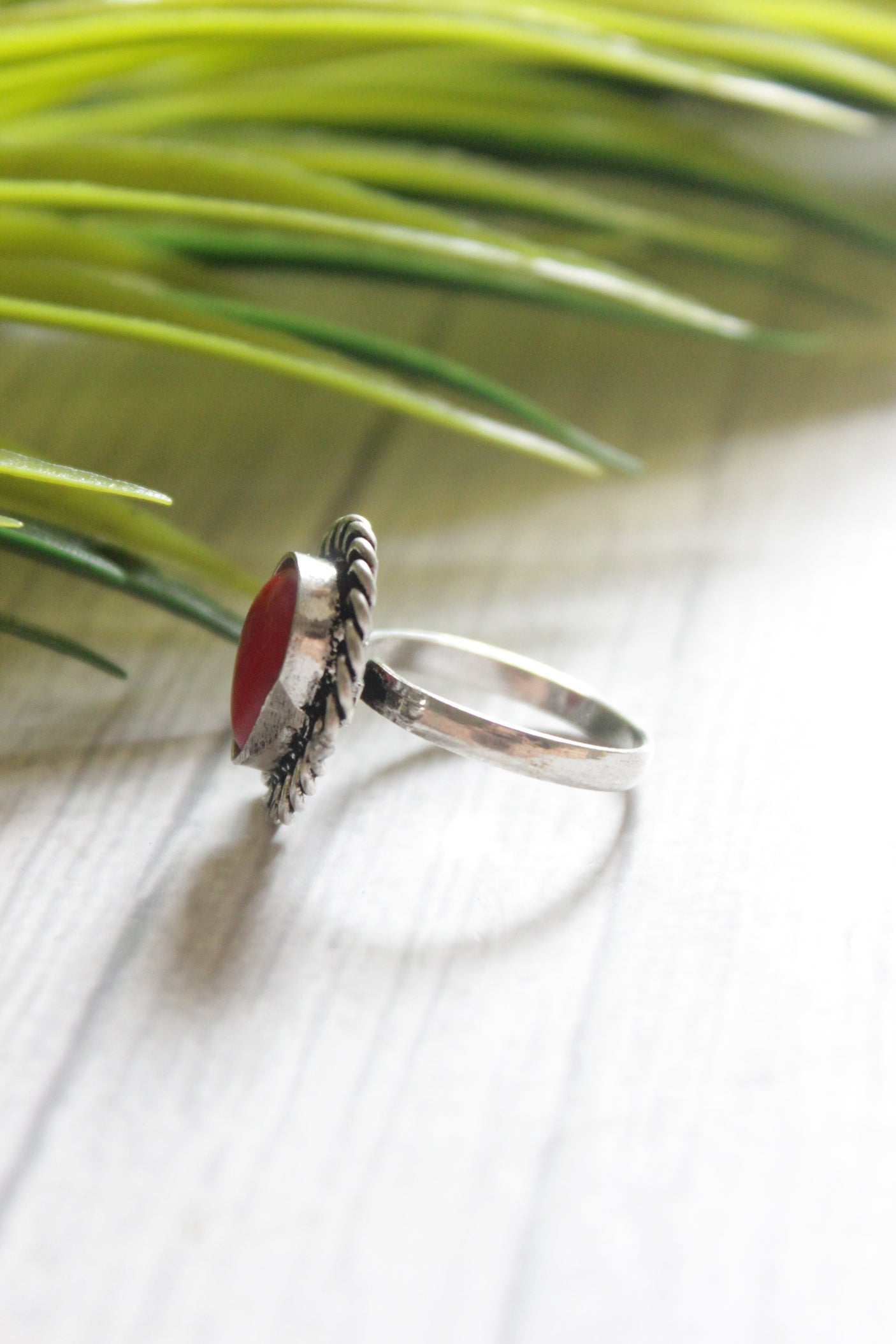 Red Tear Drop Shape Center Stone Adjustable Size Oxidised Finish Statement Ring