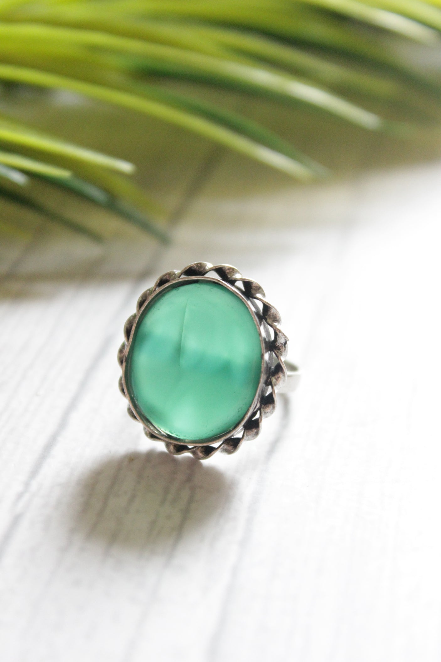 Green Center Stone Oval Adjustable Size Oxidised Finish Statement Ring