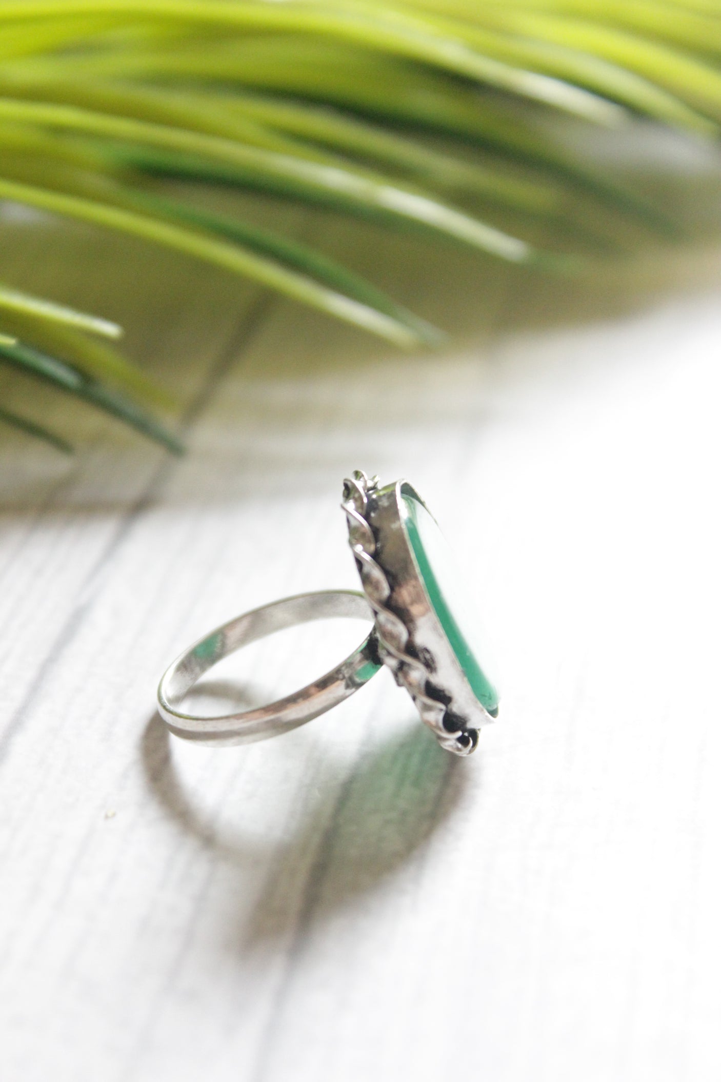 Green Center Stone Oval Adjustable Size Oxidised Finish Statement Ring