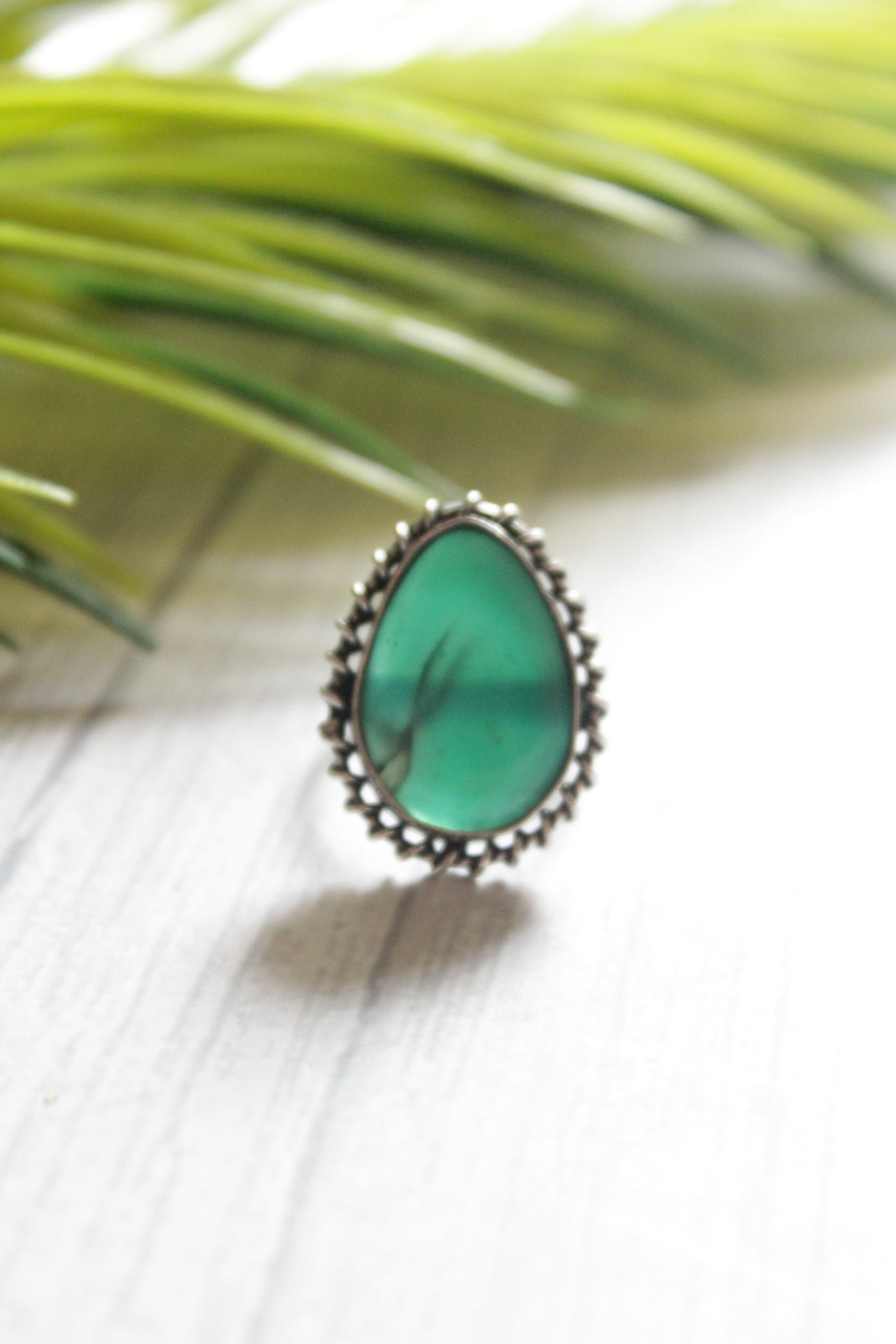 Green Center Stone Tear Drop Shape Adjustable Size Oxidised Finish Statement Ring