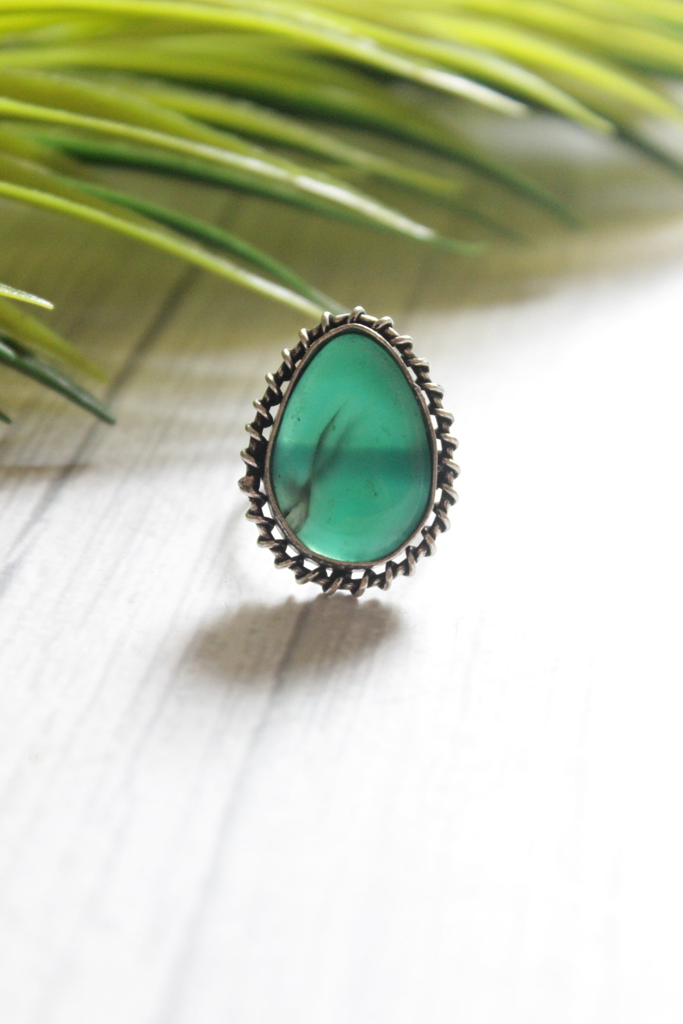 Green Center Stone Tear Drop Shape Adjustable Size Oxidised Finish Statement Ring