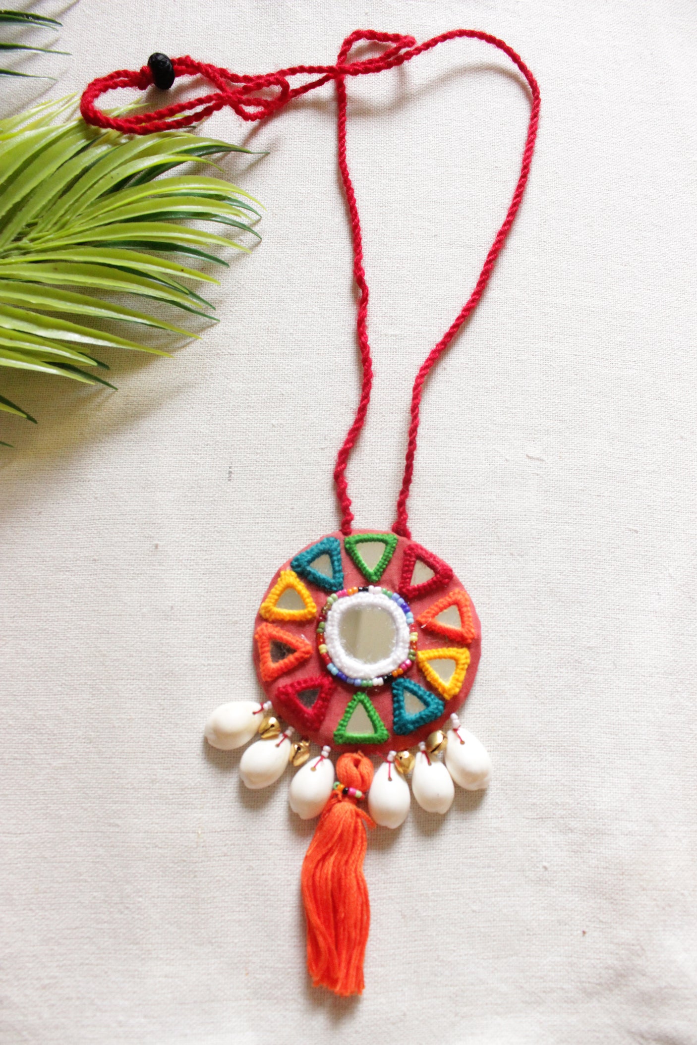 Red, Orange and Yellow Handmade Fabric Flowers Adjustable Thread Closure Necklace