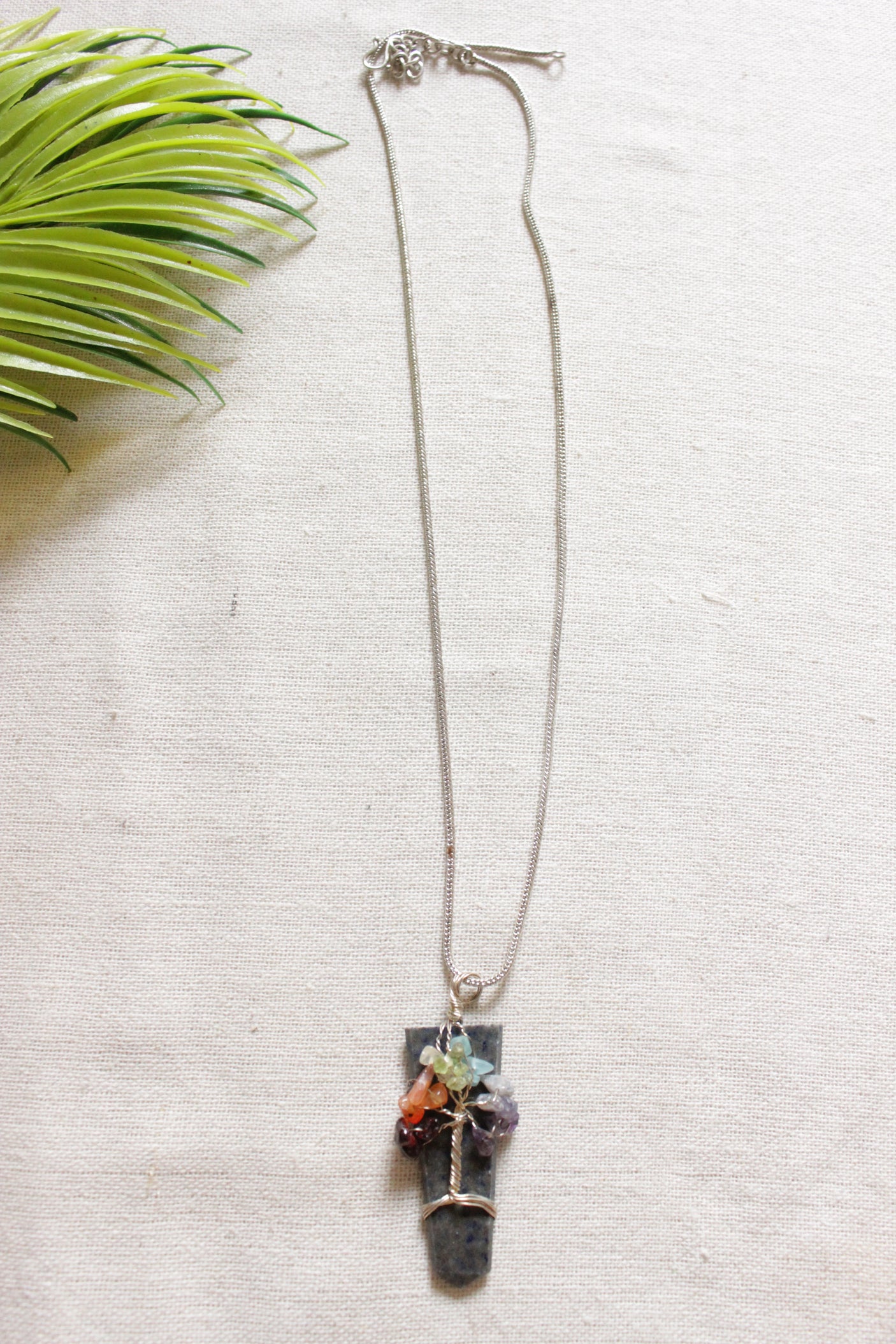 7 Chakra Tree of Life Wrapped on Grey Shaded Natural Gemstone Pendant Silver Finish Brass Chain Necklace