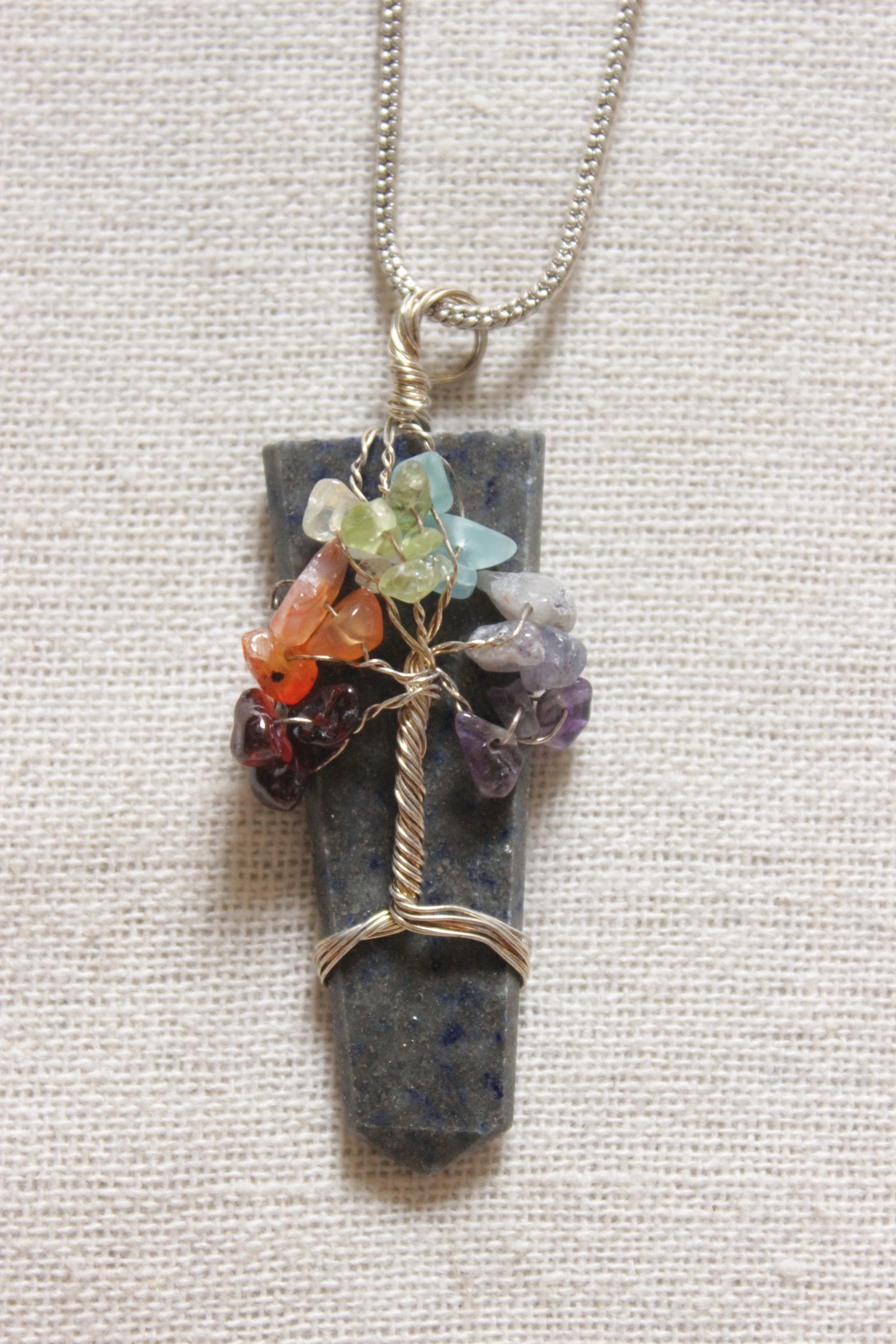 7 Chakra Tree of Life Wrapped on Grey Shaded Natural Gemstone Pendant Silver Finish Brass Chain Necklace